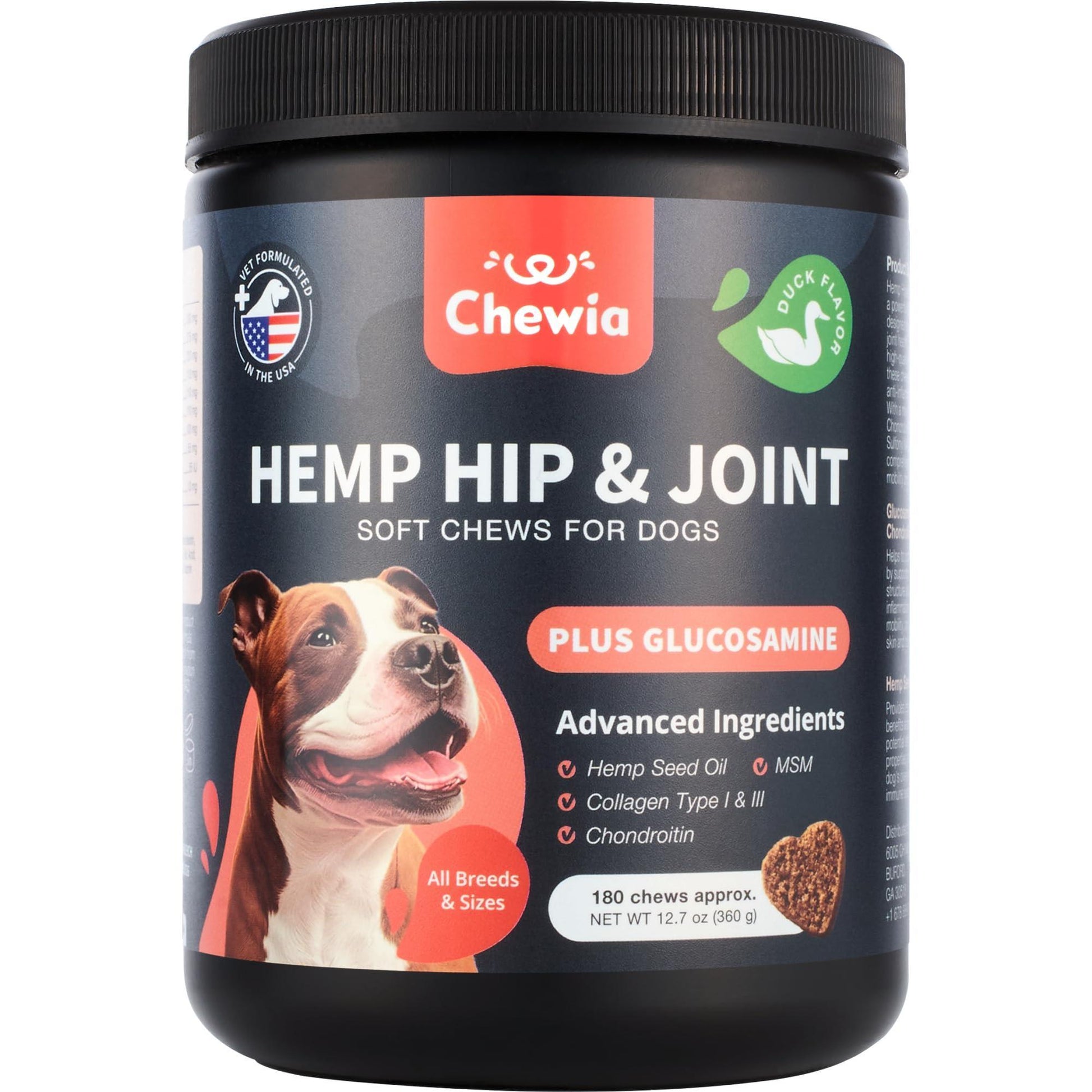 CHEWIA Hip & Joint Health Supplement for Dogs with Glucosamine Chondroitin MSM Turmeric 180 Ct For Pet With Love