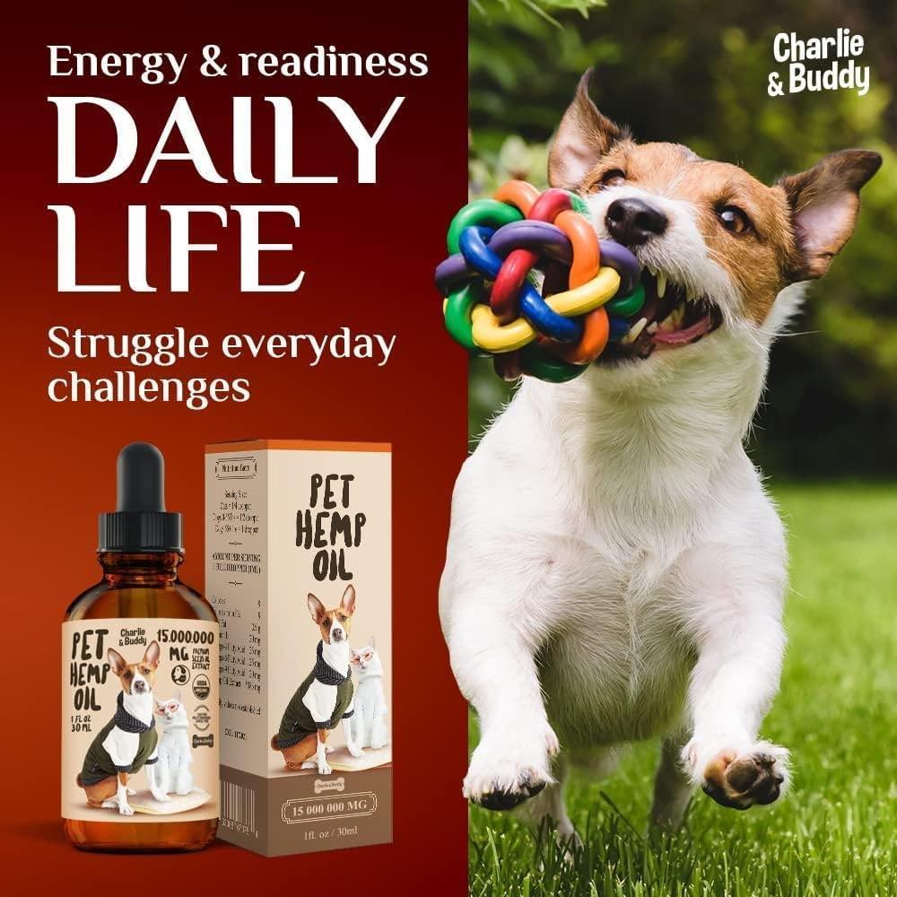 Charlie & Buddy Hemp Oil for Dogs and Cats. Hip and Joint Support and Skin Health Anxiety Calm. Omega 3, 6, 9, and Vitamins B, C, and E For Pet With Love