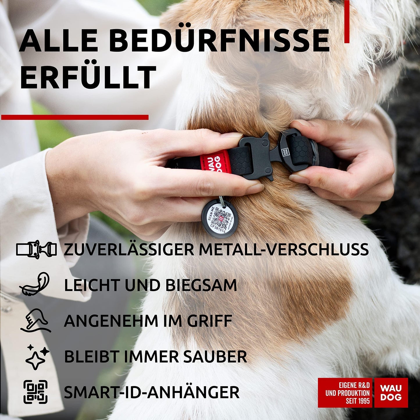 WAUDOG Adjustable Waterproof Dog Collar with Durable Metal Clasp and QR Dog Tag. BLACK. SMALL For Pet With Love