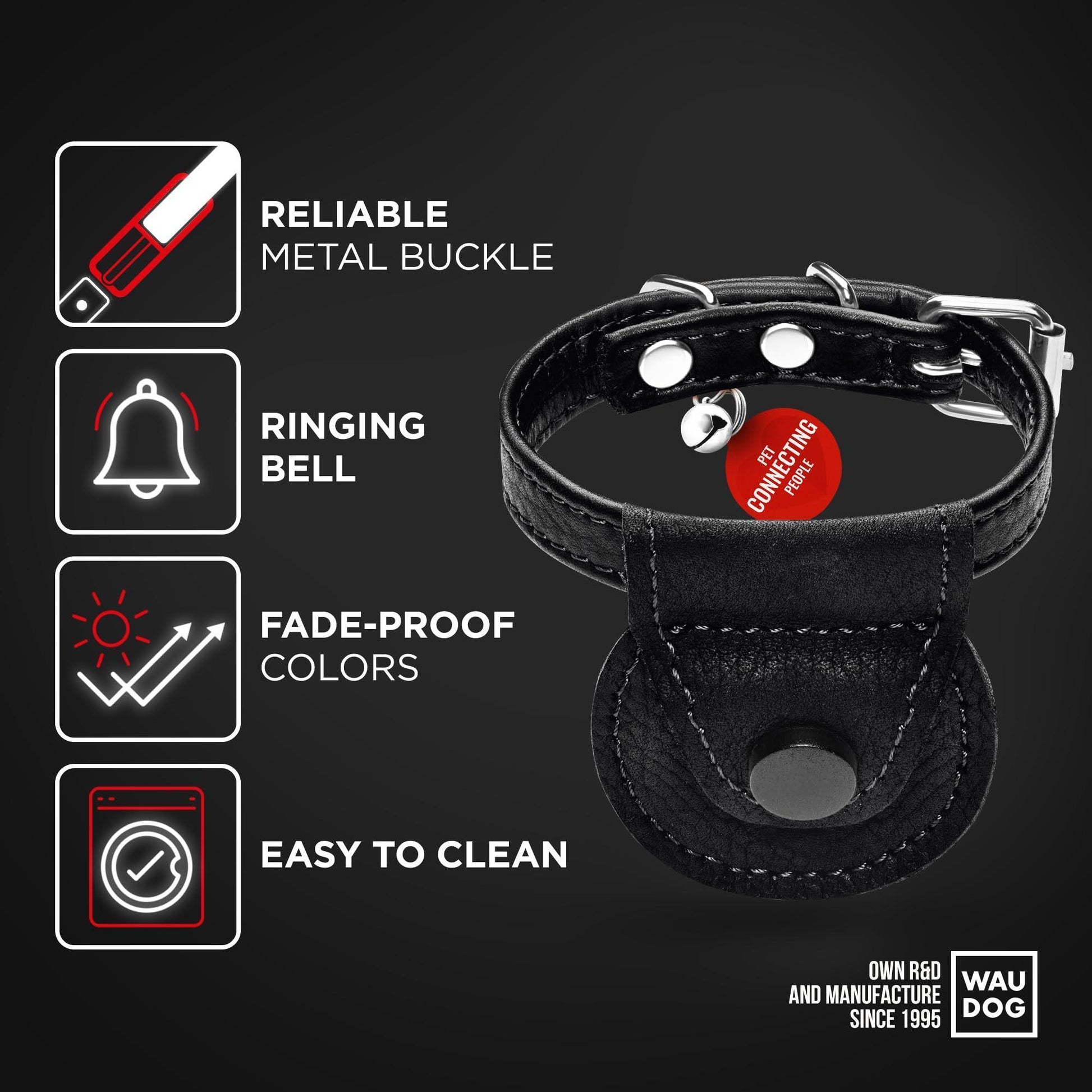 WAUDOG Leather Adjustable Cat Collar with Airtag Holder and Removable Bell (Black. Small) For Pet With Love