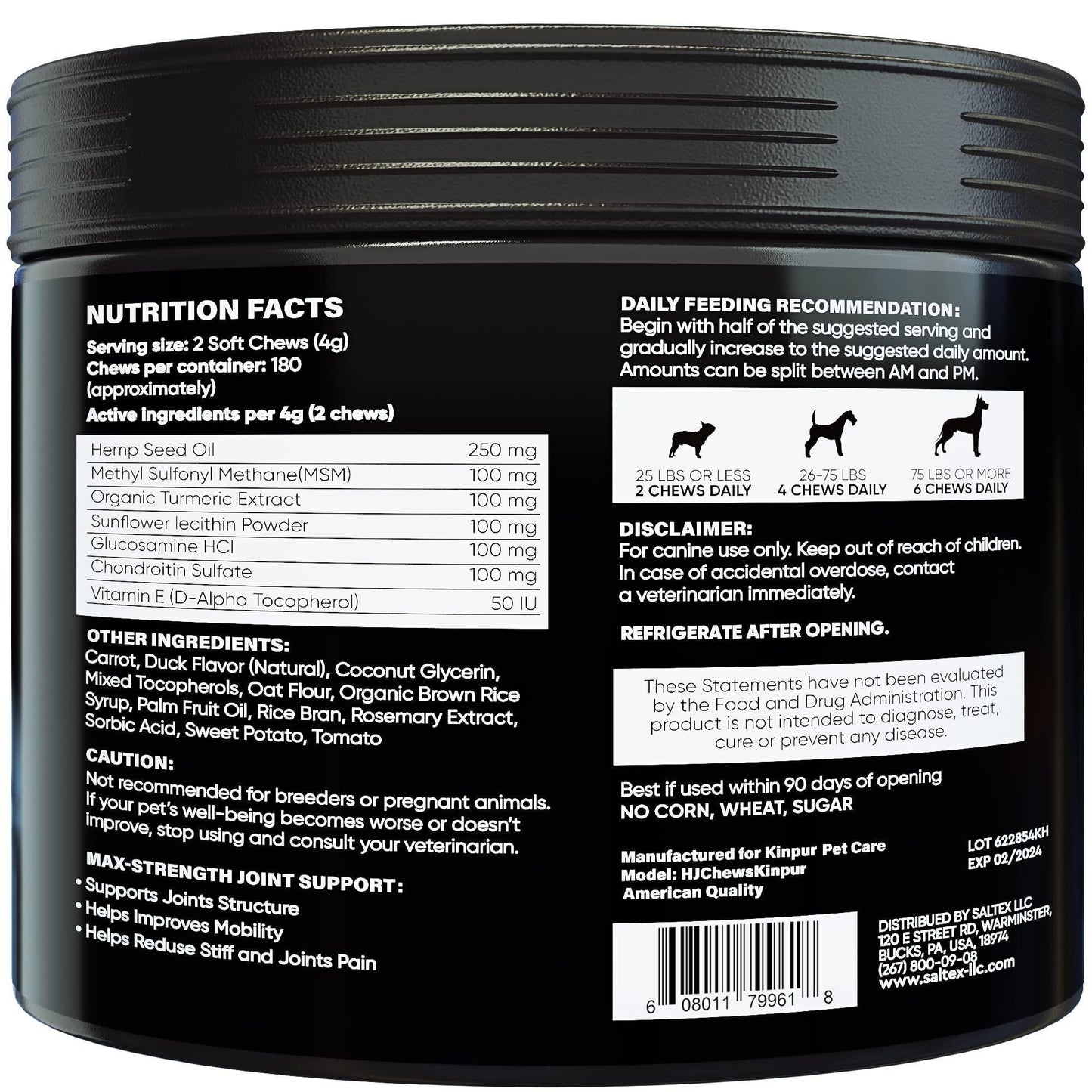 Kinpur Pet Care Hemp Joint Supplement for Dogs w/Glucosamine 180 Ct For Pet With Love