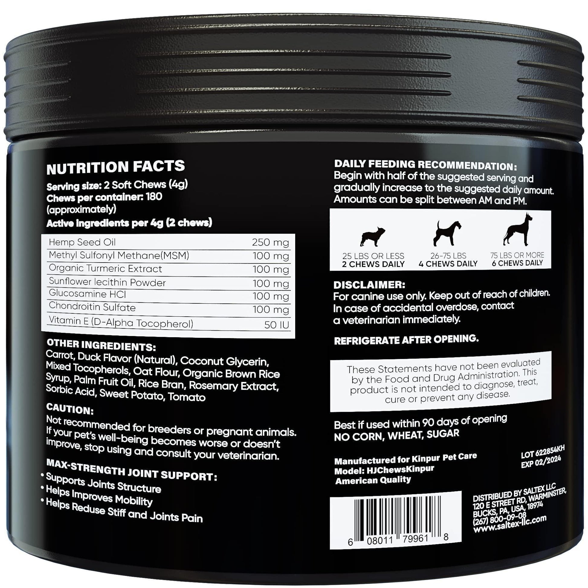 Kinpur Pet Care Hemp Joint Supplement for Dogs w/Glucosamine 180 Ct For Pet With Love