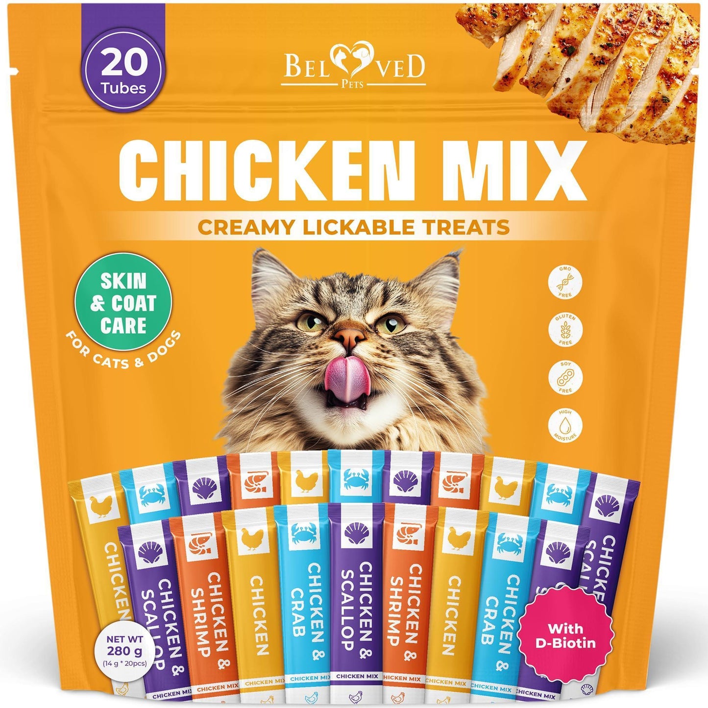 Beloved Pets Creamy Lickable Cat Treats & Wet Squeeze Tubes. Skin & Coat Care Multivitamin Treats for Cats – Chicken Mix Liquid Cat Snacks – 20 Sticks For Pet With Love