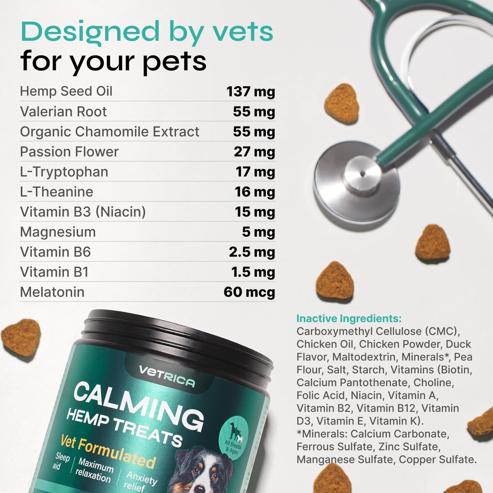 VETRICA Hemp Stress Separation Anxiety Relief Calming Chews for Dogs. 130 Chews. Duck Flavor For Pet With Love