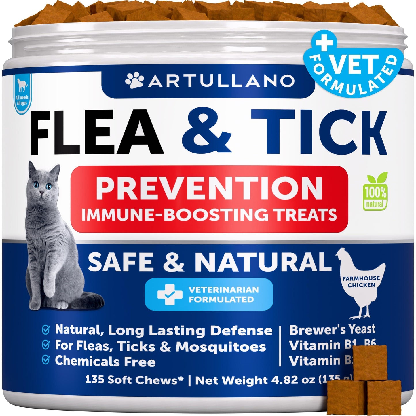 Artullano Natural Flea and Tick Prevention Supplement with Vitamins for Cats. Treats Digestive Health, Provides Immune Support. 135 Chews. Farmhouse Chicken Flavor. For Pet With Love