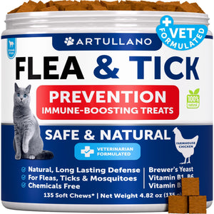 Artullano Natural Flea and Tick Prevention Supplement with Vitamins for Cats. Treats Digestive Health, Provides Immune Support. 135 Chews. Farmhouse Chicken Flavor.