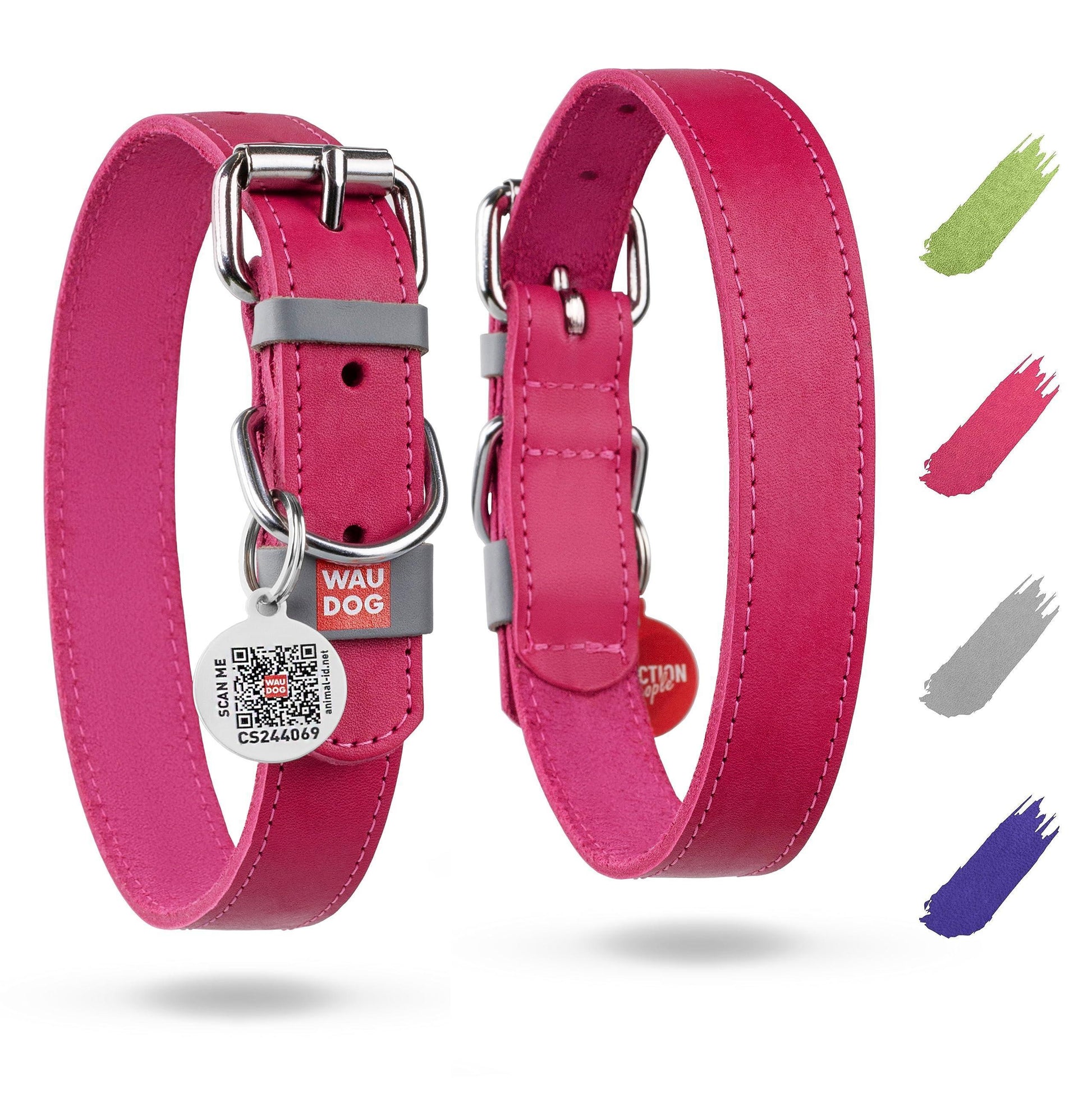 WAUDOG Adjustable Long Lasting Leather Dog Collar with Durable Buckle D Ring & QR Dog Tag. LARGE. Pink For Pet With Love