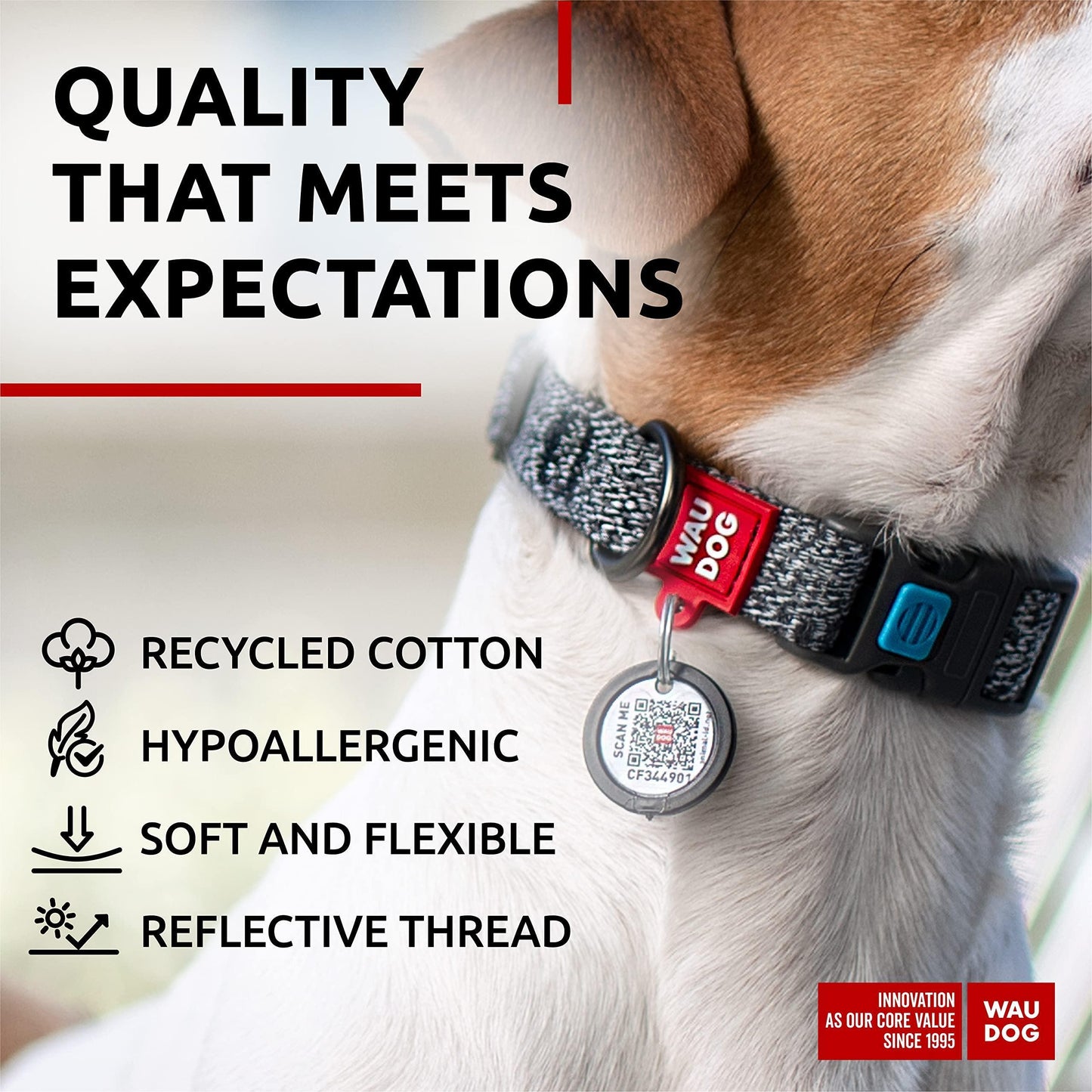 WAUDOG Reflective Cotton Dog Collar with QR ID Tag. Adjustable Eco Friendly Alternative to Nylon Collar. SMALL. Gray. For Pet With Love