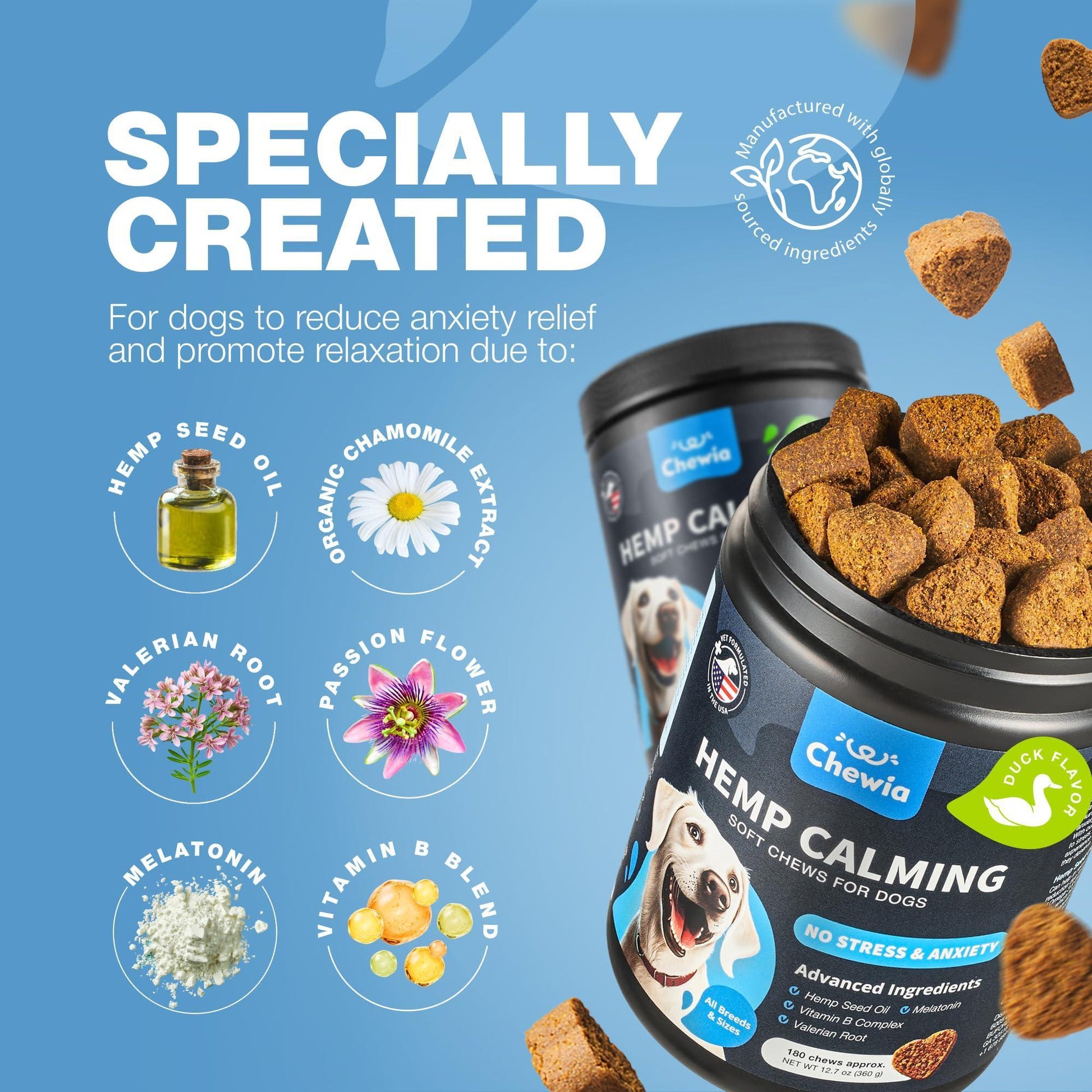 CHEWIA Hemp Stress and Anxiety Relief Calming Chews for Dogs 180 Chews For Pet With Love
