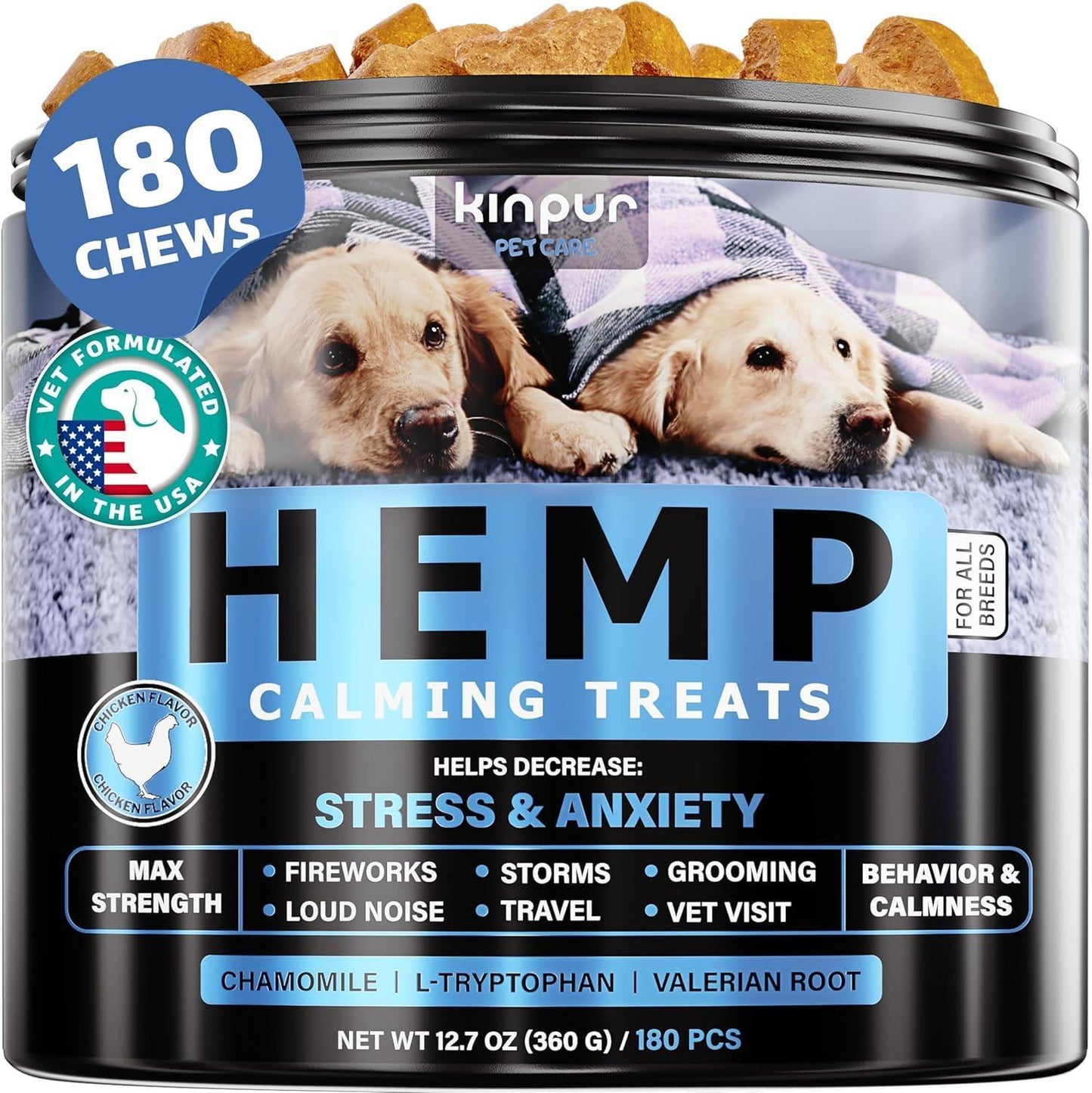Kinpur Pet Care Natural Calming Chews for Dogs with Hemp Oil & Valerian Root * Chicken Flavor * 180 Chews For Pet With Love