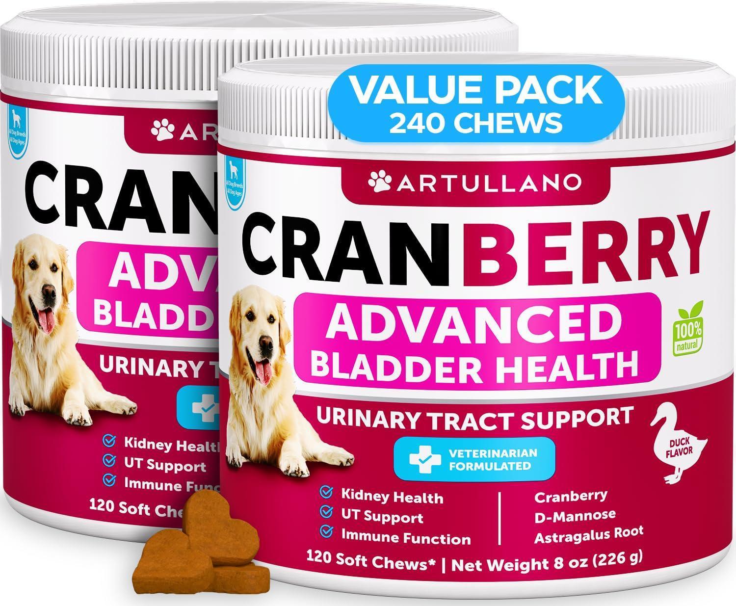 Artullano Advanced Bladder Health UTI Cranberry Treatment and Bladder Control Supplement for Dogs. Provides Kidney Support. Bladder Stones, Urinary Tract Infection, Incontinence Treatment (2 Pack) 240 Chews For Pet With Love