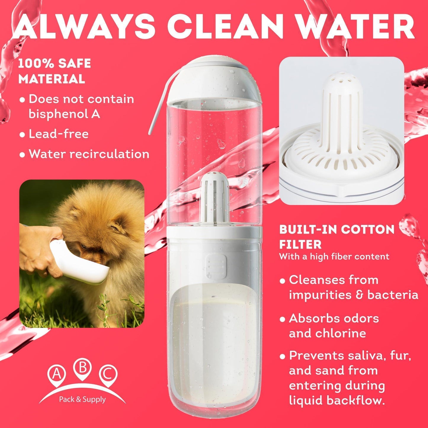 Portable DogTravel Water Bottle with Silicone Strap & Cotton Filter. 12 Oz. For Pet With Love