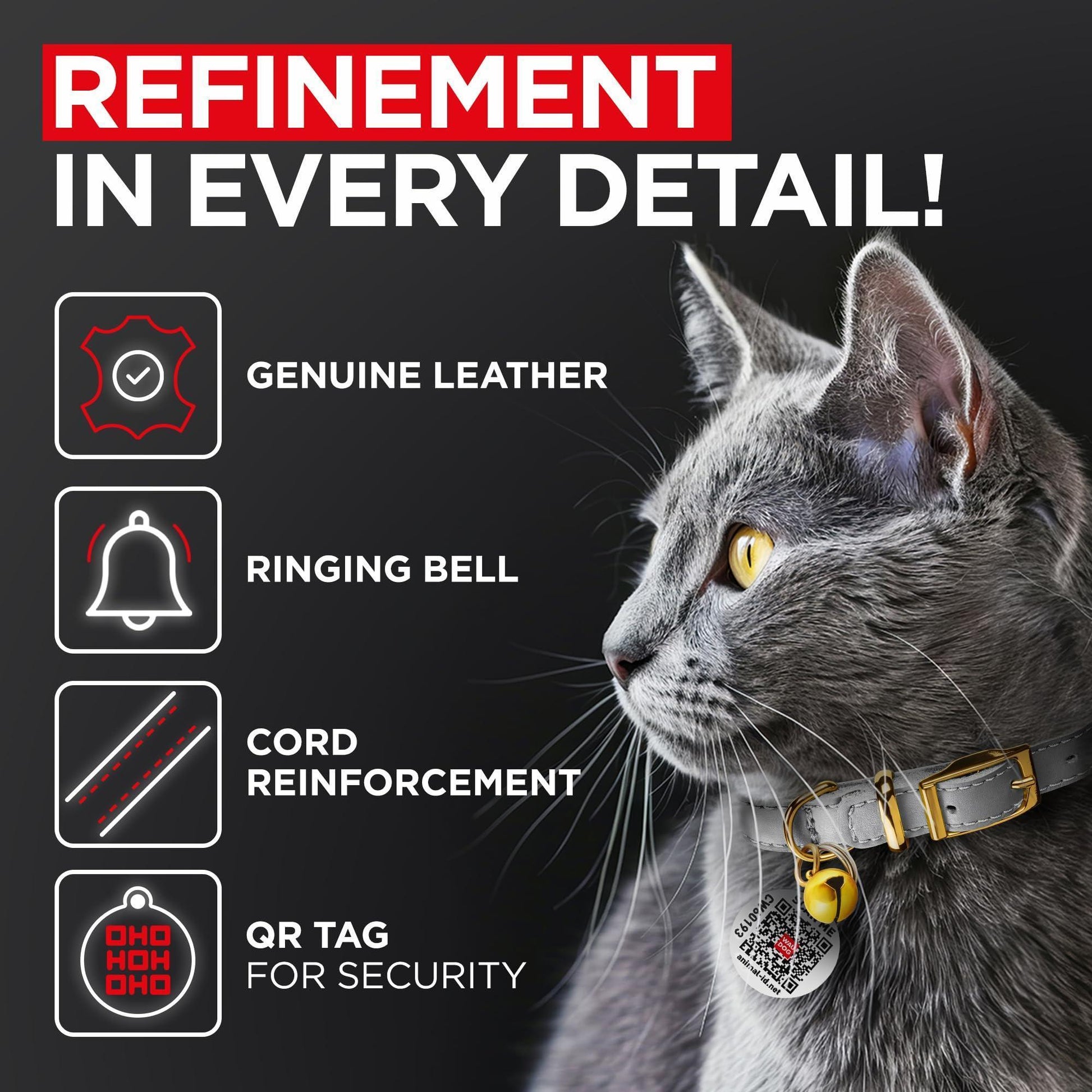 WAUDOG Leather Cat Collar with Removable Bell and QR ID Tag. GRAY. MEDIUM For Pet With Love