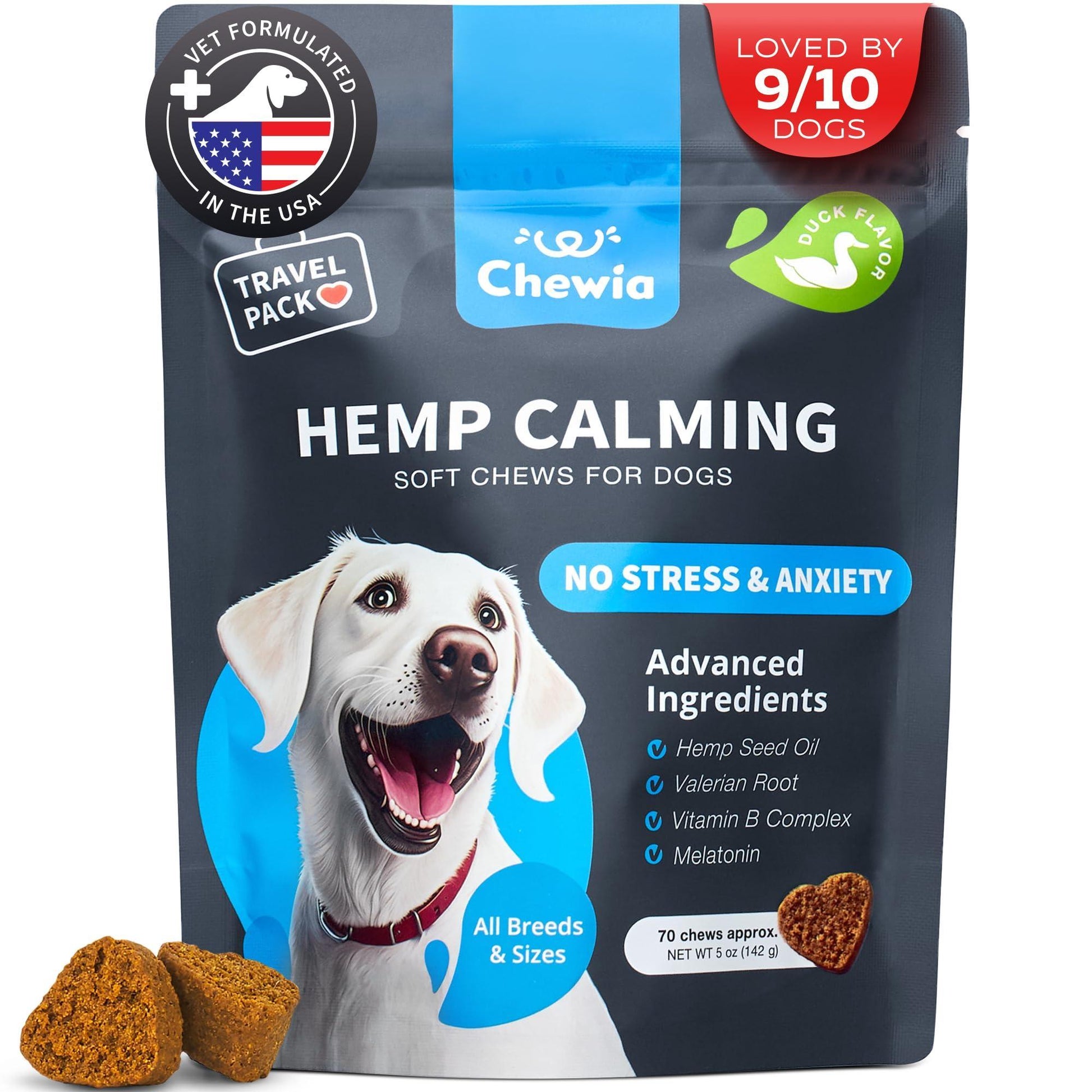 CHEWIA Hemp Dog Calming Treats Duck Flavor Travel Pack 5 Oz For Pet With Love