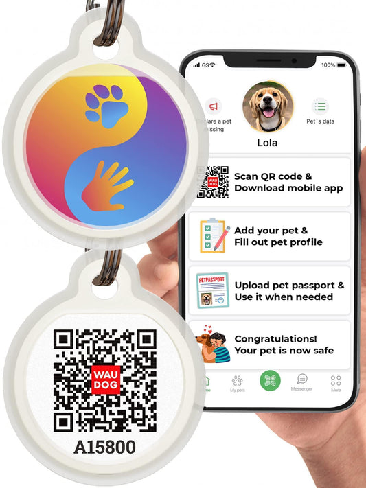 WAUDOG Silicone QR Code Pet ID Tags for Dogs & Cats (Ying Yang  Large) For Pet With Love