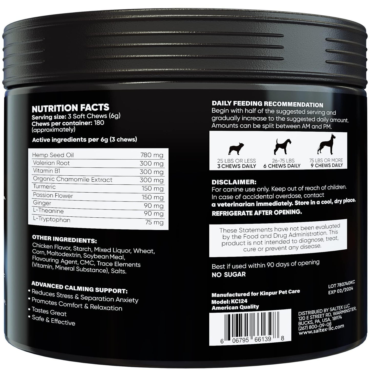 Kinpur Pet Care Natural Dog Calming Chews w/Hemp Oil and Valerian Root. Chicken Flavor. 180 Chews For Pet With Love