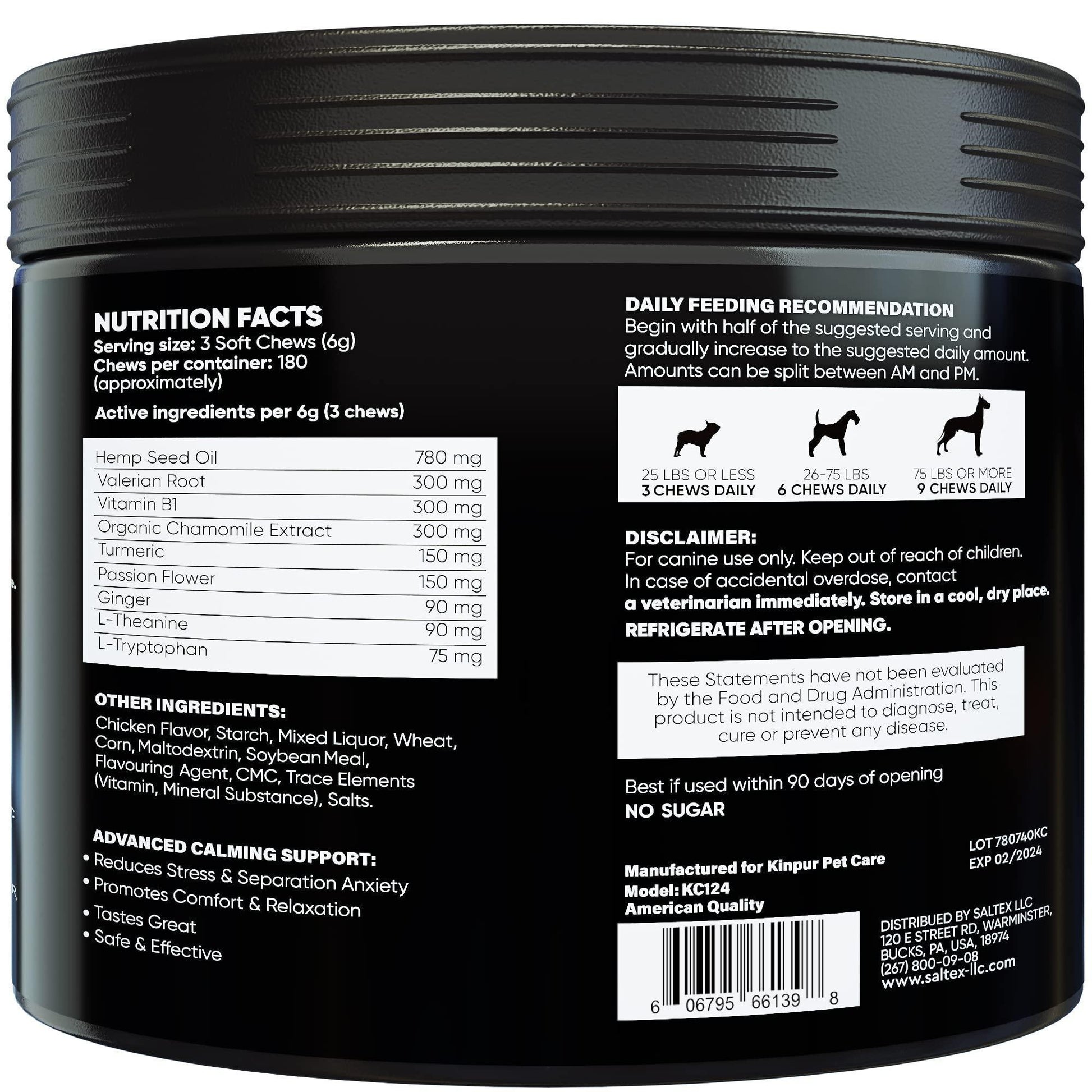 Kinpur Pet Care Natural Dog Calming Chews w/Hemp Oil and Valerian Root. Chicken Flavor. 180 Chews For Pet With Love