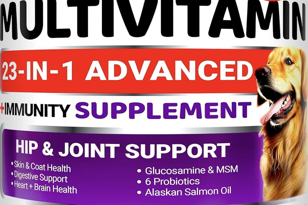 Multivitamin supplement for dogs with a dog on the label