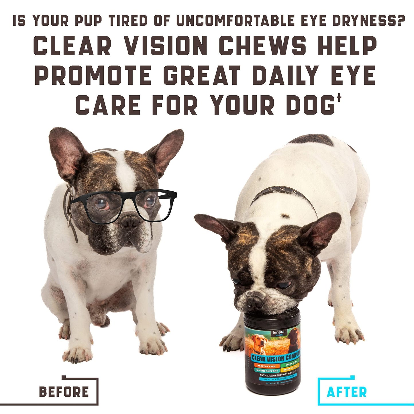 Kinpur Pet Care Dog Vision Supplement for Tear Stains, Dog Eye Care, Immune Support  180 Soft Chews with Duck Flavor For Pet With Love