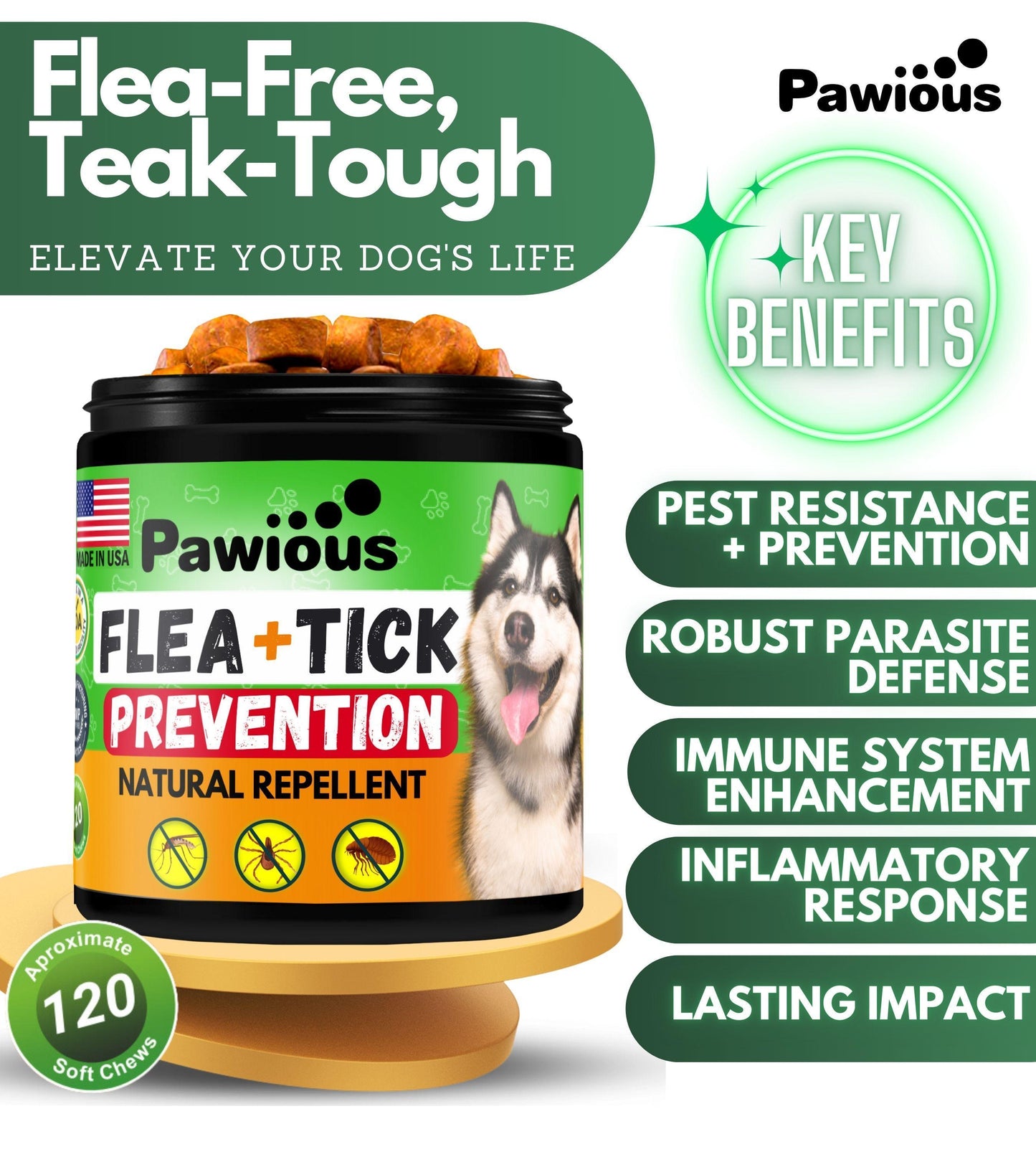 Pawious Natural Flea and Tick Prevention Treatment for Dogs Treats. 120 Chews. Made in USA For Pet With Love