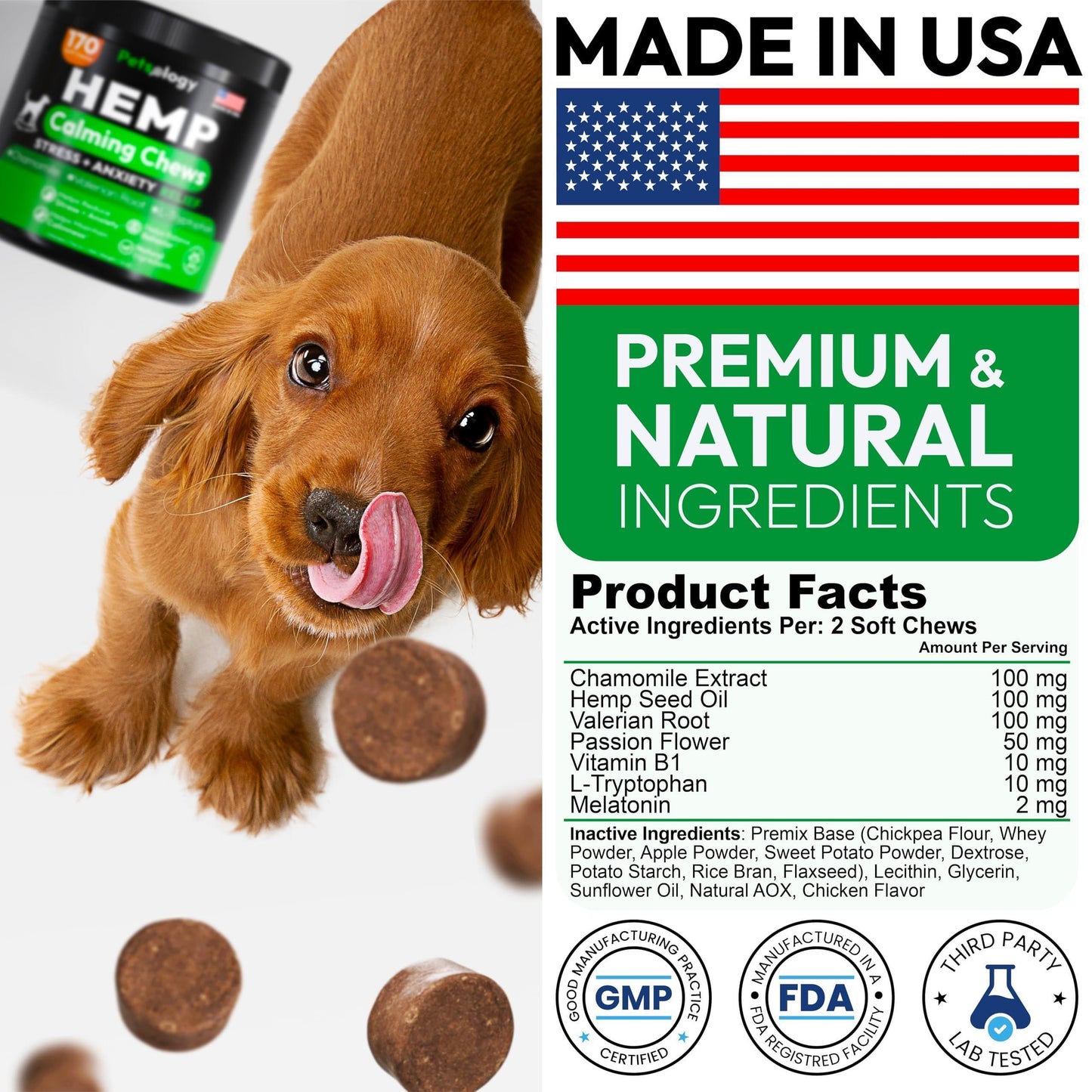 PETSOLOGY Hemp Calming Chews for Dogs. Anxiety Relief, Stress Relief, Separation Aid 170 Chews For Pet With Love