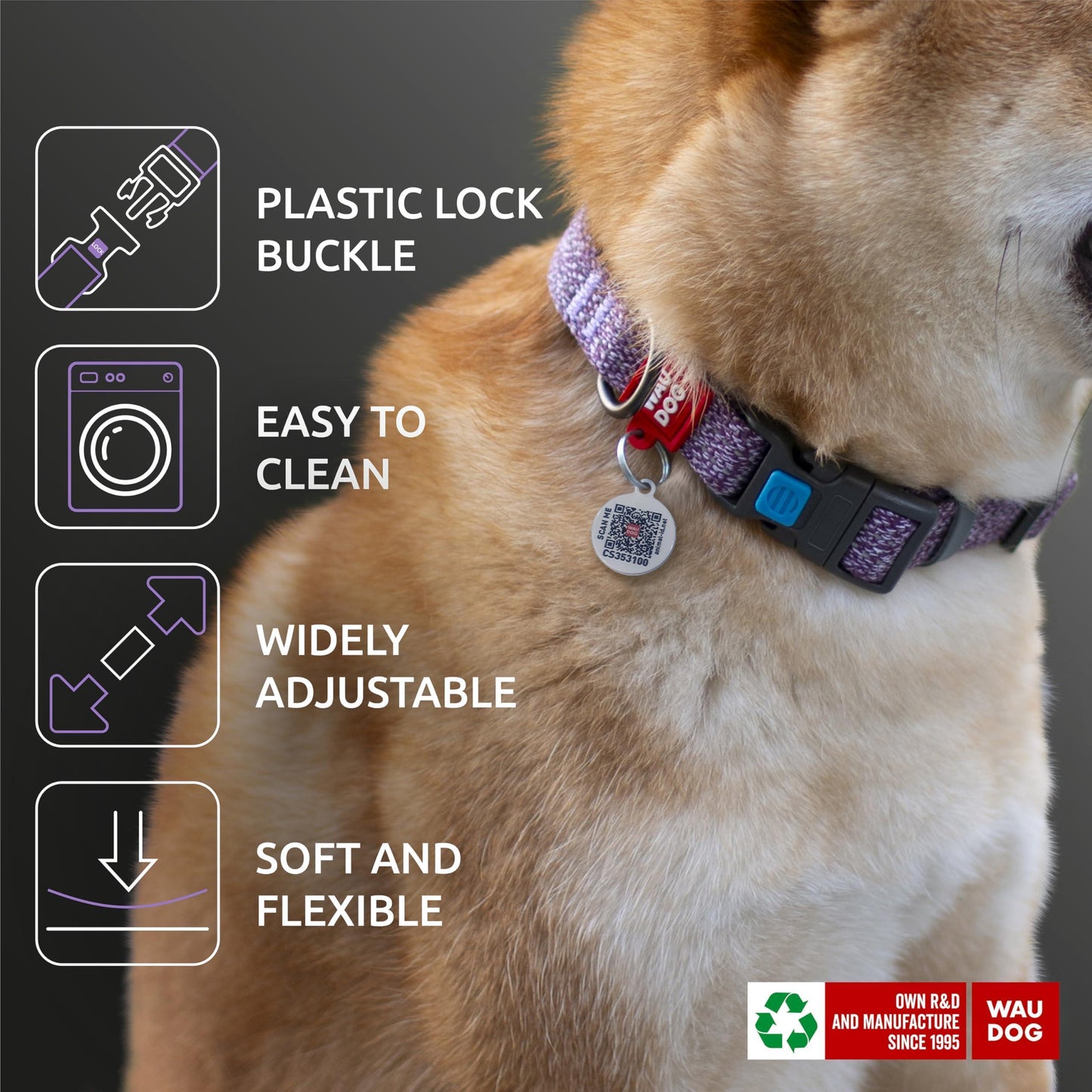WAUDOG Reflective Eco Friendly Cotton Dog Collar with Smart ID Tag PURPLE MEDIUM For Pet With Love