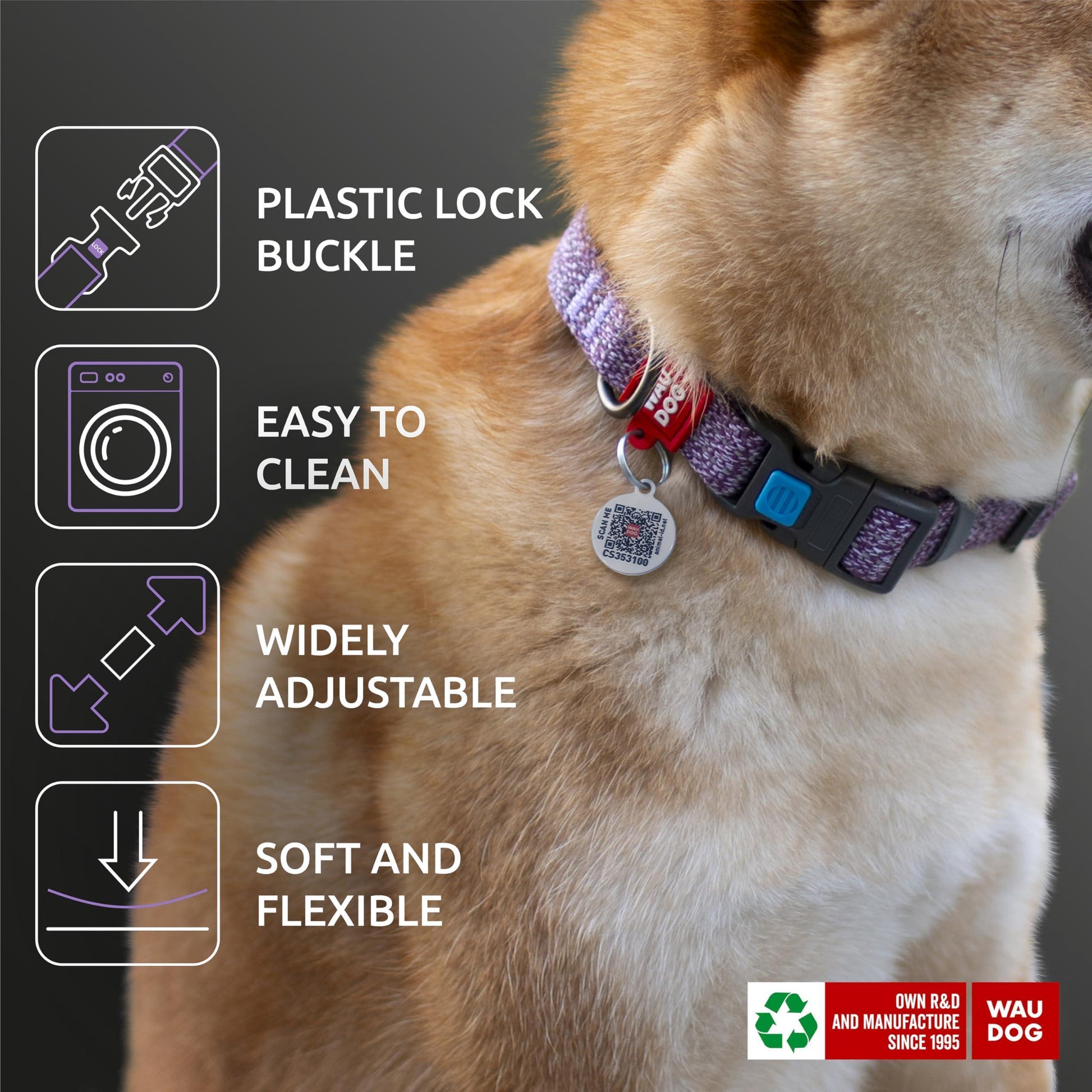WAUDOG Reflective Eco Friendly Cotton Dog Collar with Smart ID Tag PURPLE MEDIUM For Pet With Love