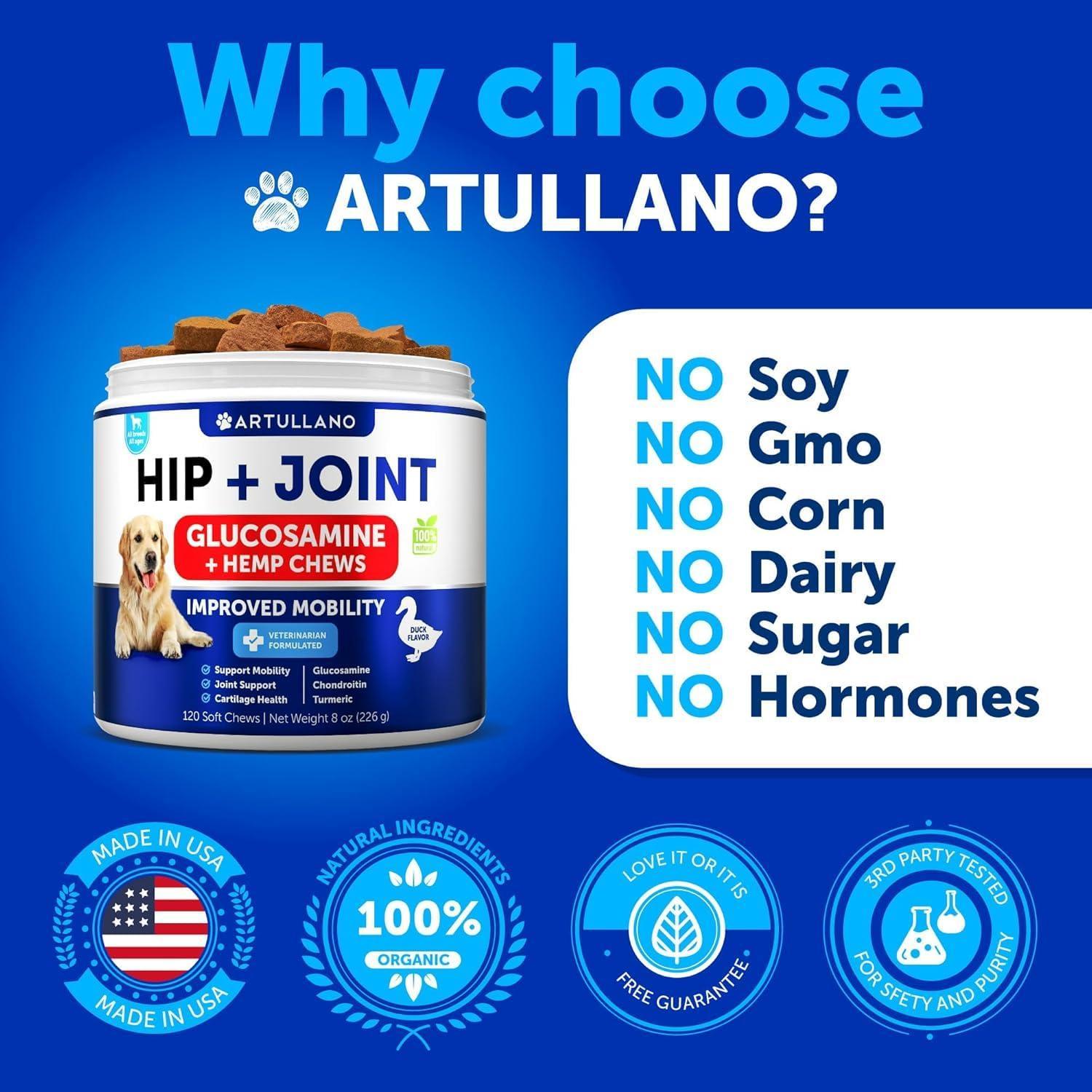Artullano Hemp Hip and Joint Supplement with Glucosamine for Dogs 120 Chews For Pet With Love