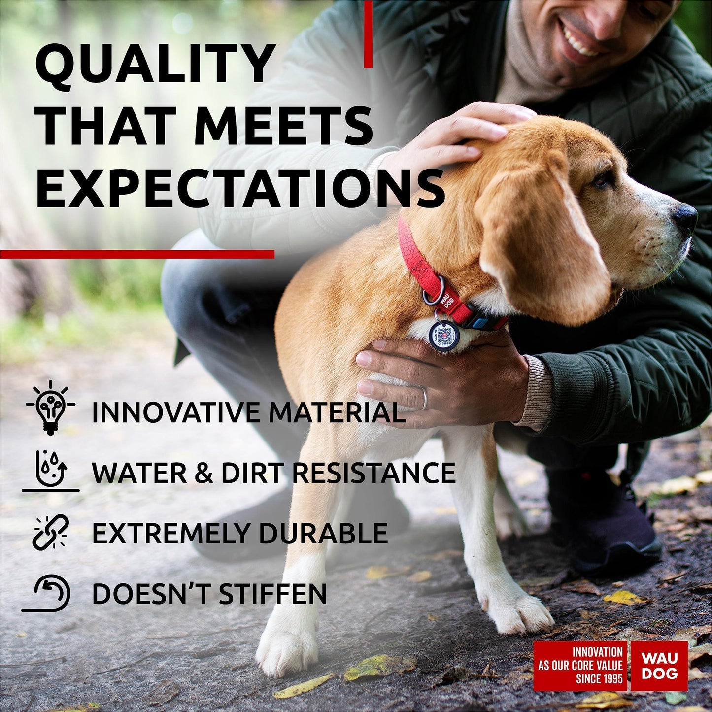 WAUDOG Adjustable Waterproof Heavy Duty Dog Collar with Durable Plastic Buckle and QR Dog Tag. MEDIUM (Red) For Pet With Love