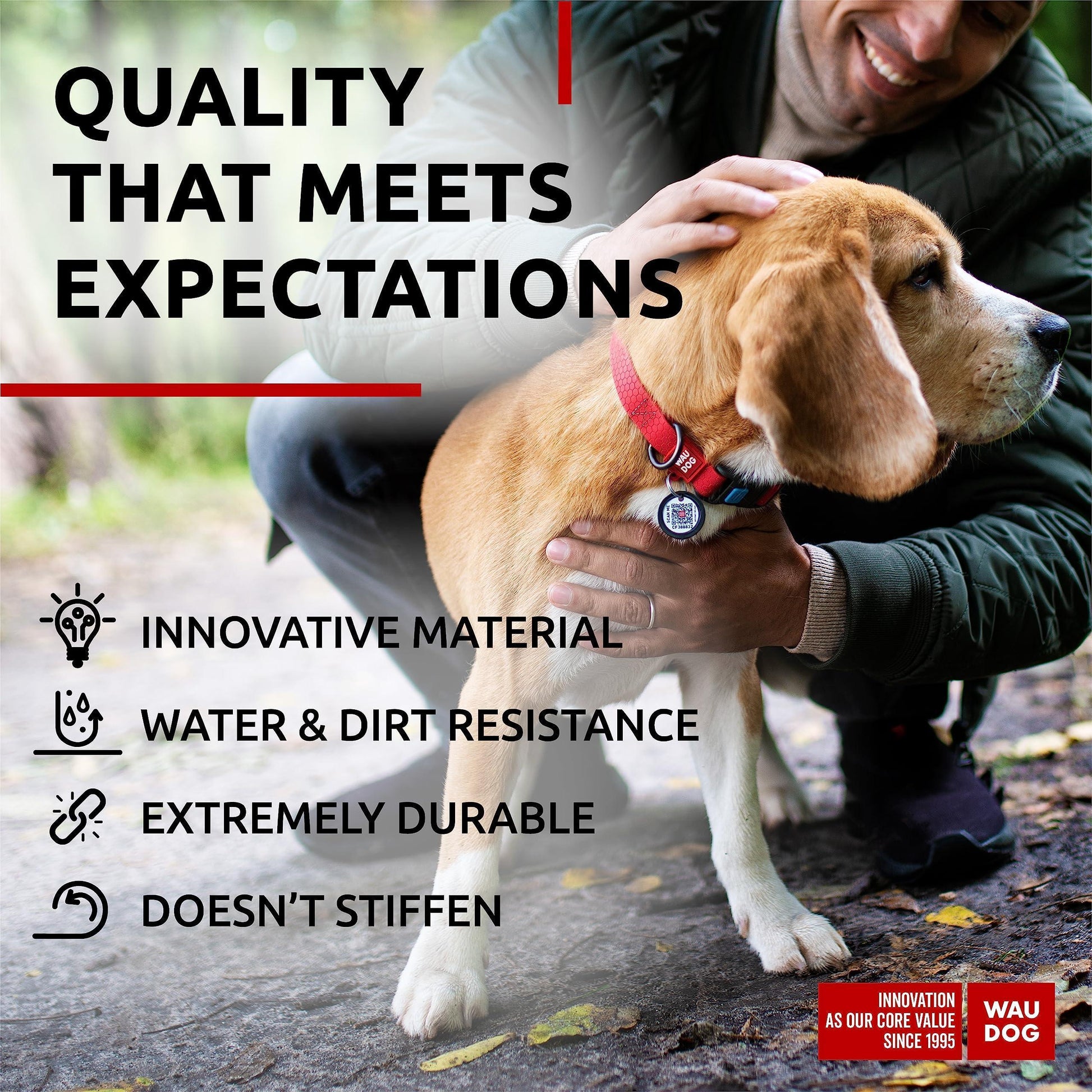 WAUDOG Adjustable Waterproof Heavy Duty Dog Collar with Durable Plastic Buckle and QR Dog Tag. MEDIUM (Red) For Pet With Love