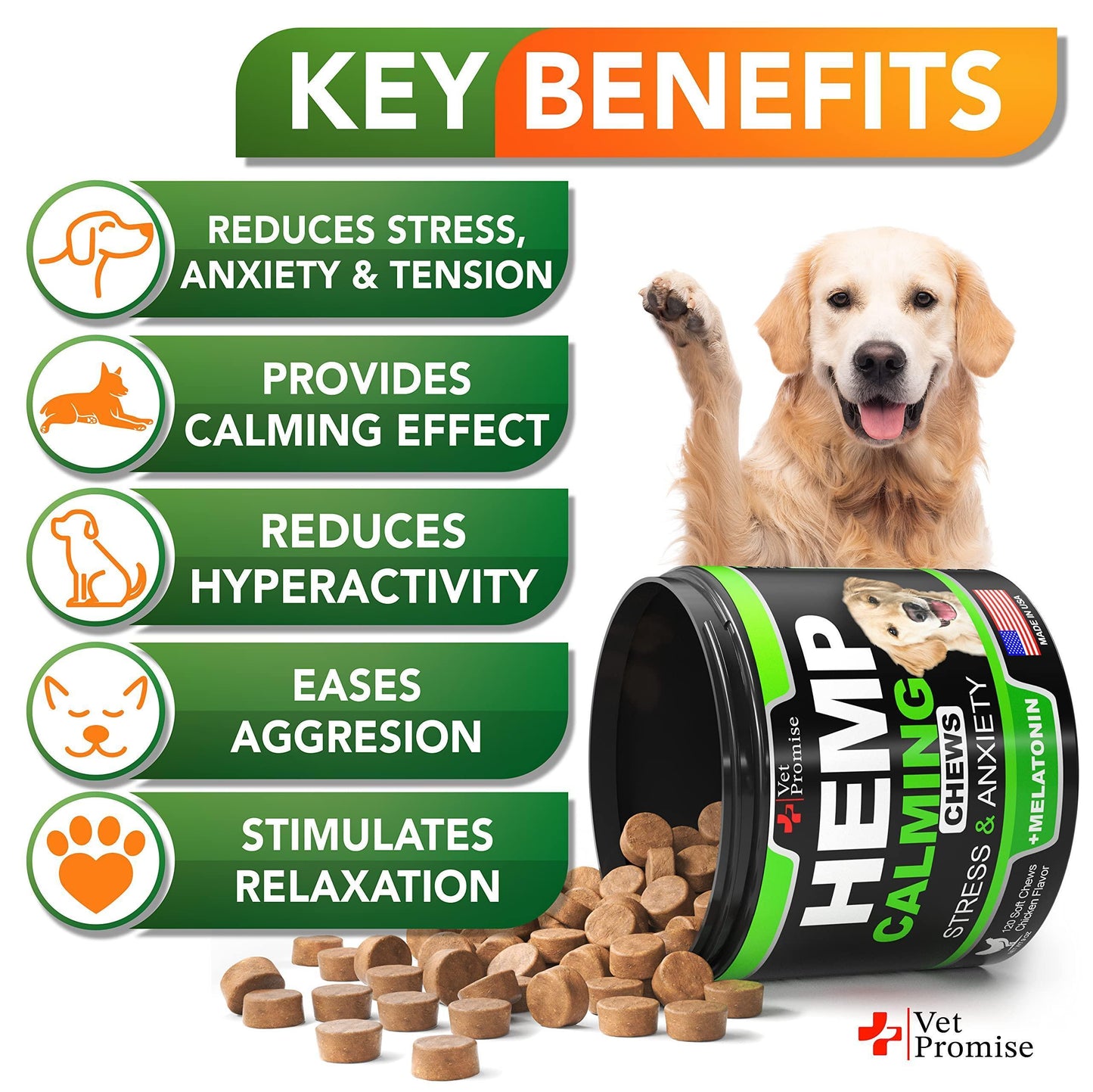 Vet Promise Hemp Oil Anxiety Relief Calming Chews for Dogs 120 Treats For Pet With Love