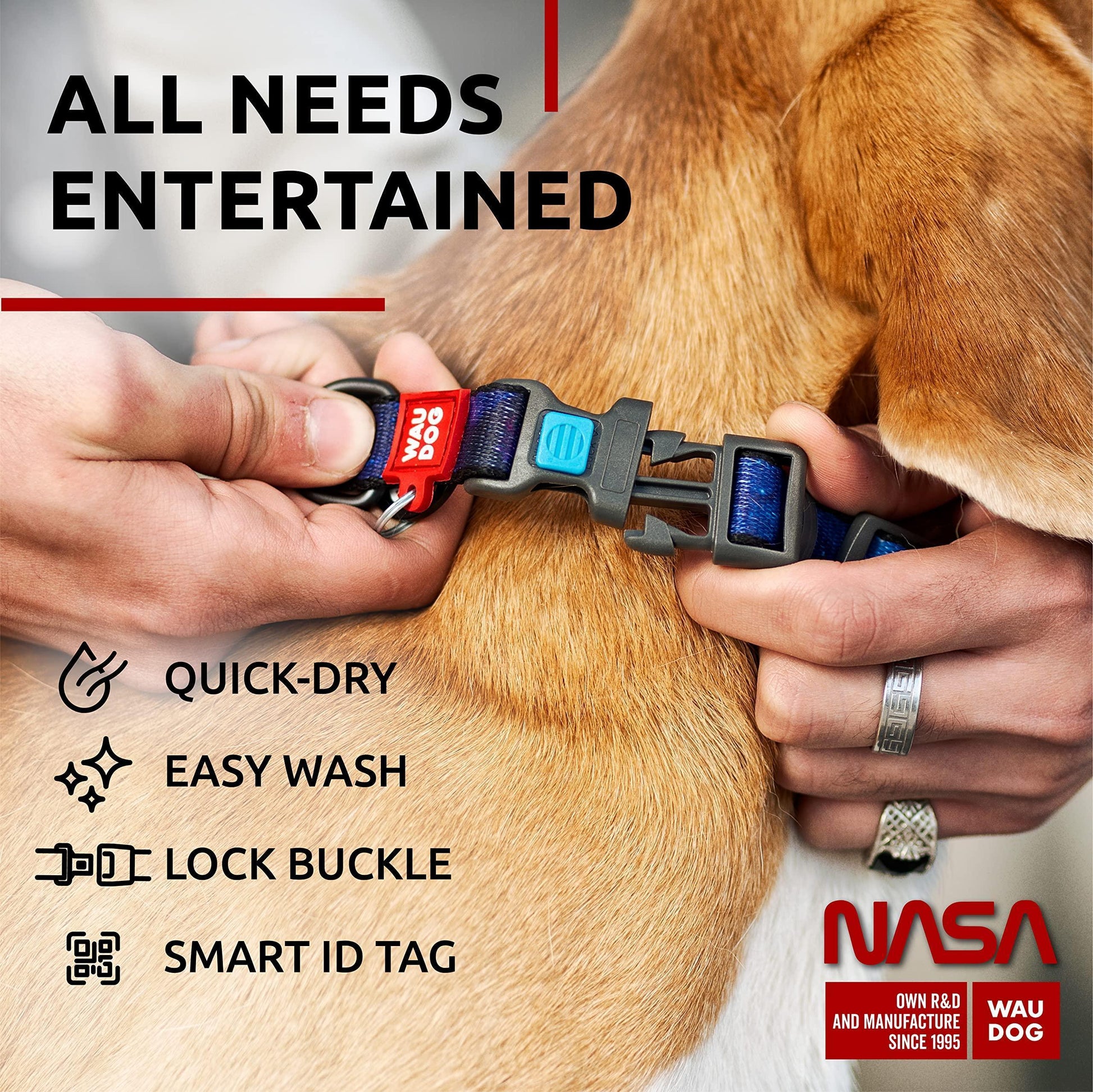 WAUDOG Adjustable Nylon Dog Collar with Durable Plastic Buckle and QR Dog Tag. MEDIUM (NASA-2 Print) For Pet With Love