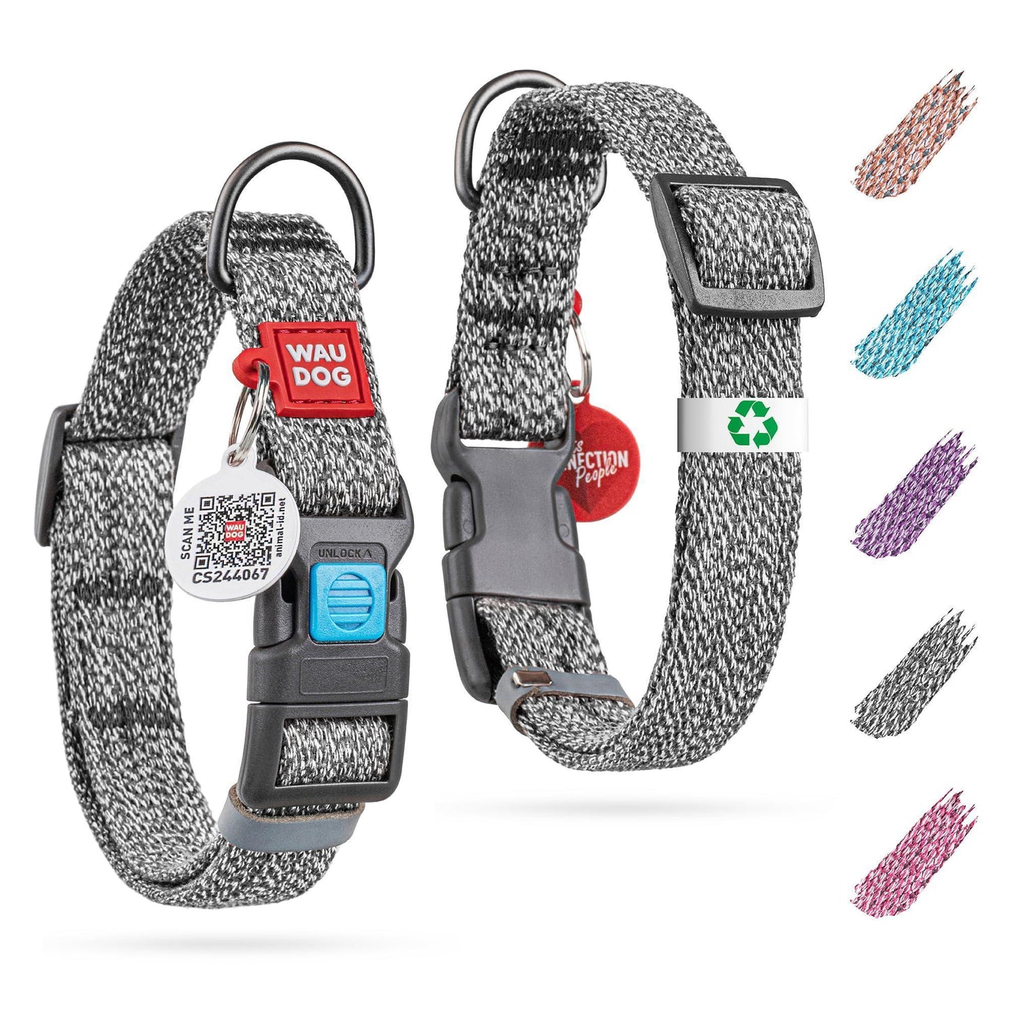 WAUDOG Reflective Cotton Dog Collar with QR ID Tag. Adjustable Eco Friendly Alternative to Nylon Collar. SMALL. Gray. For Pet With Love