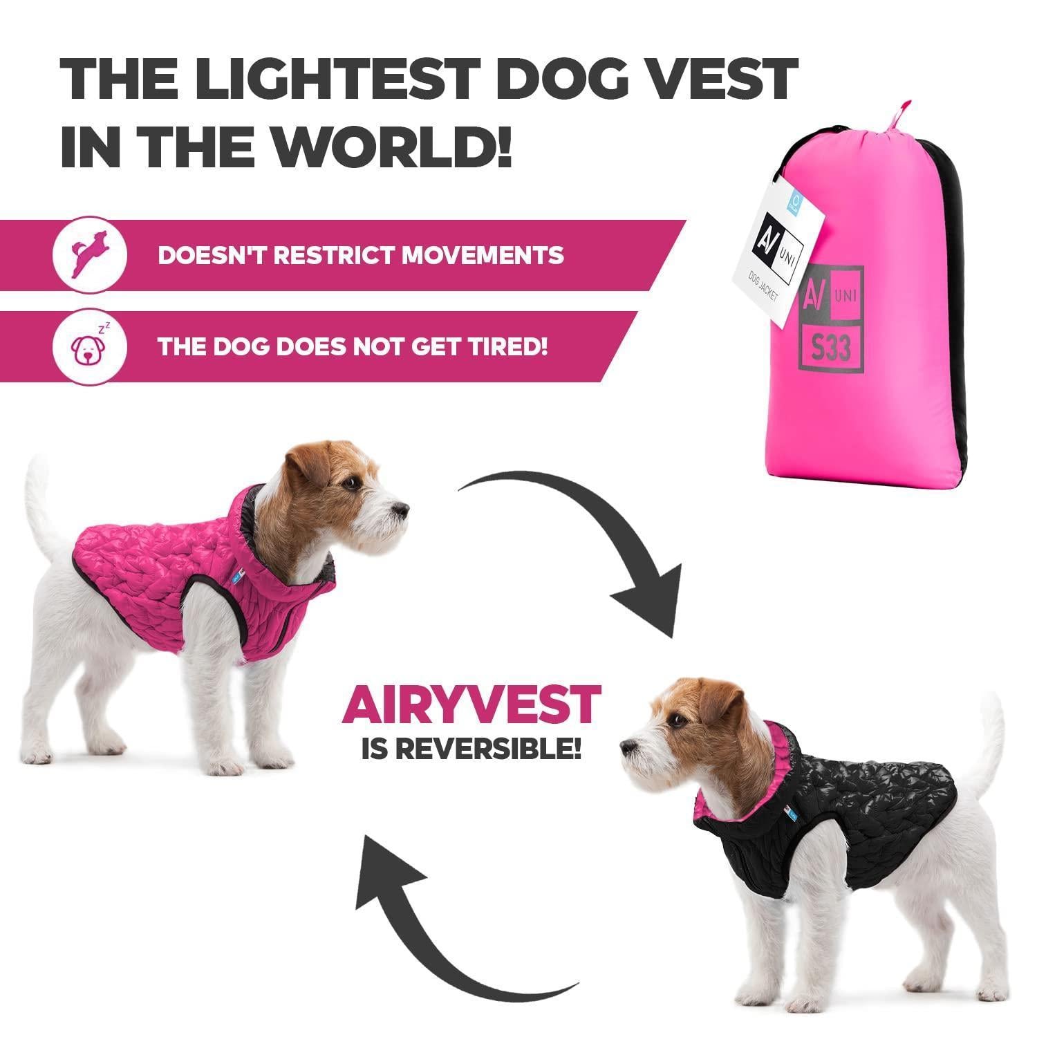 AiryVest Lightweight Reversible Water Resistant Windproof Warm Dog Puffer Jacket (Purple/Black) Size: S33 For Pet With Love