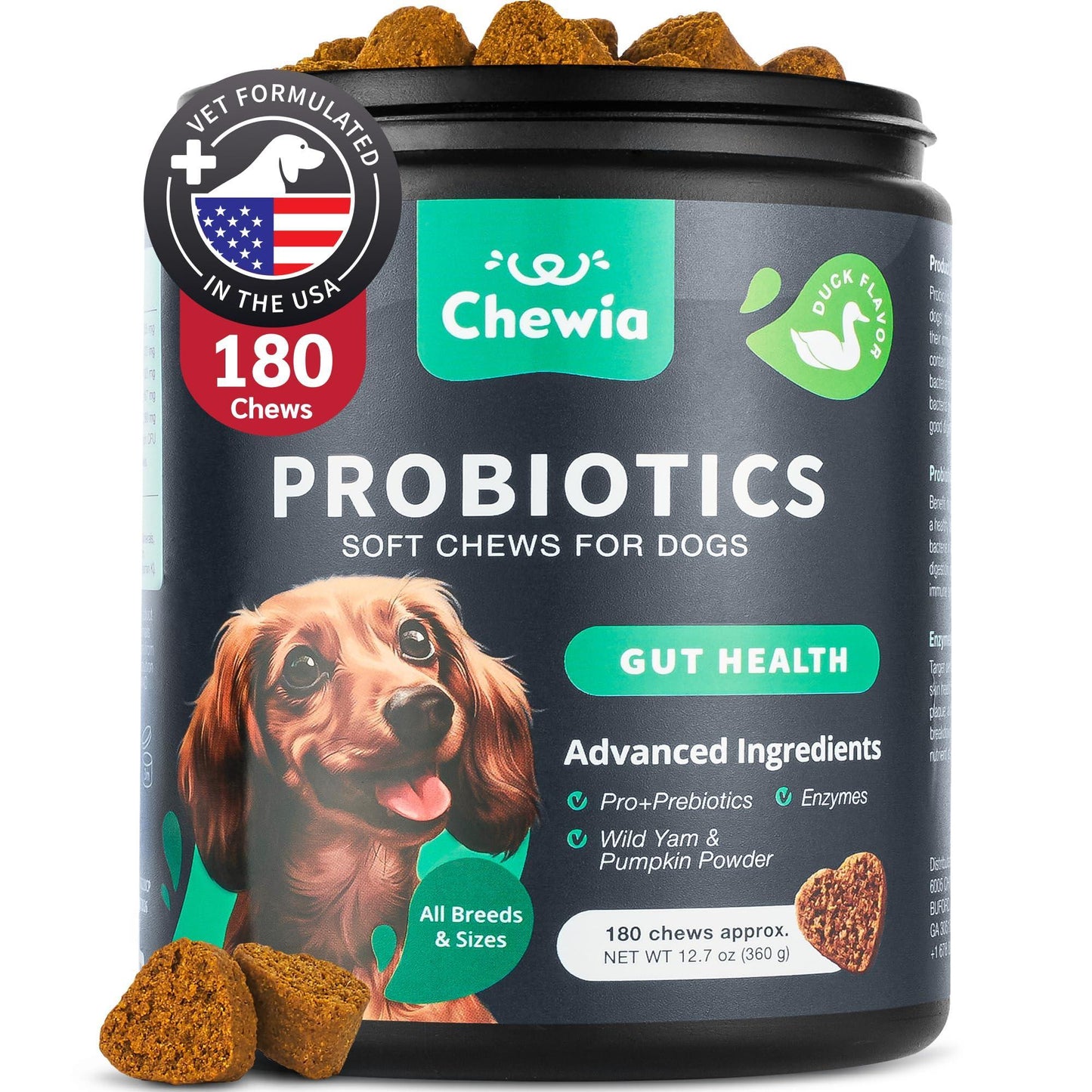 CHEWIA Dog Probiotic Chews with Digestive Enzymes, Pumpkin and Yeast Powder for Gut Health, Digestion Immunity, Yeast Balance, Itchy Skin Allergies Support. 180 Chews. For Pet With Love