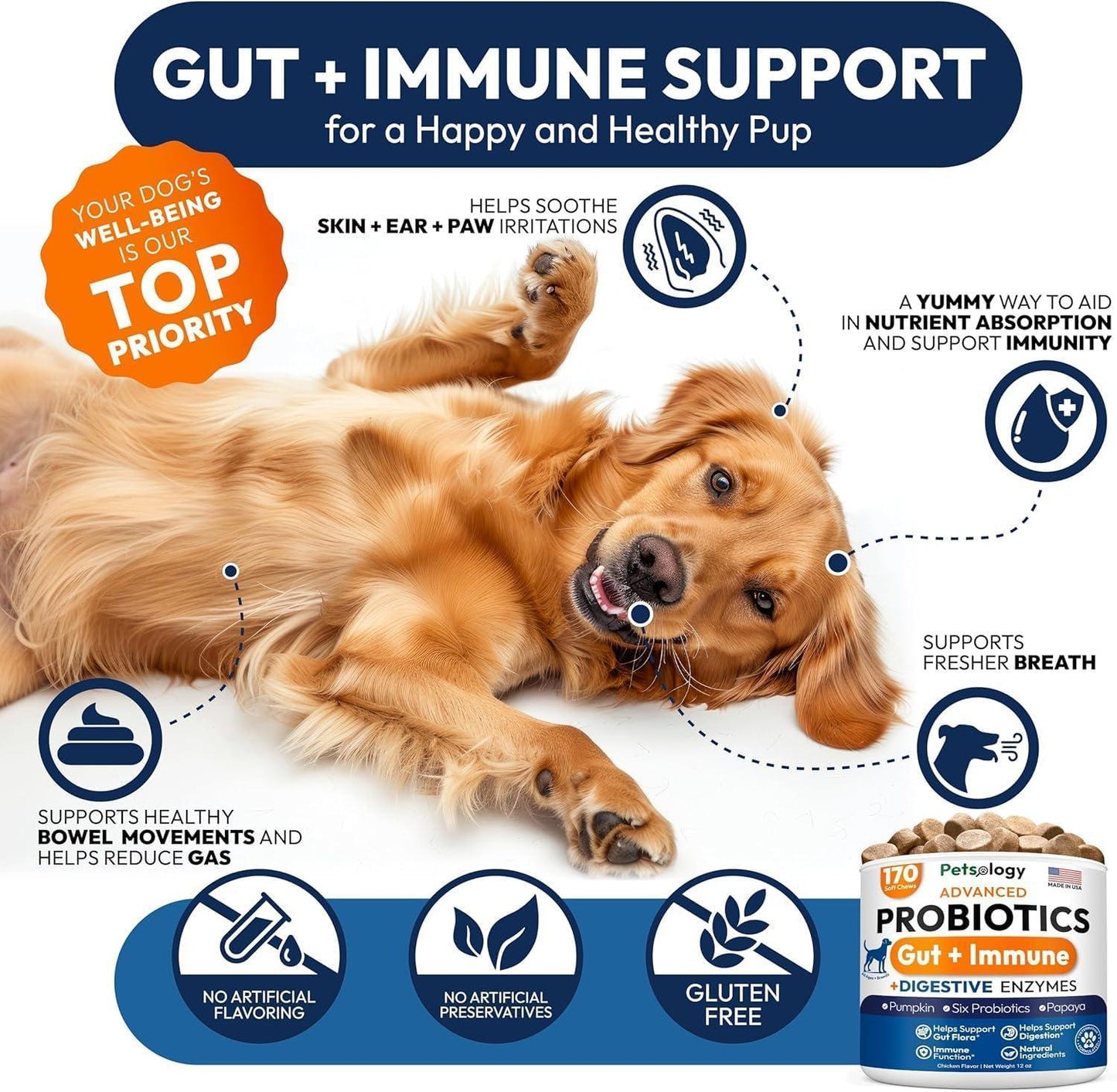 PETSOLOGY Probiotics, Digestive Enzymes & Prebiotics for Dogs. Advanced Supplement helps Itchy Skin and Allergies. Supports Gut Health. Diarrhea, Gas & Constipation Relief (2 Pack) 340 Chews For Pet With Love