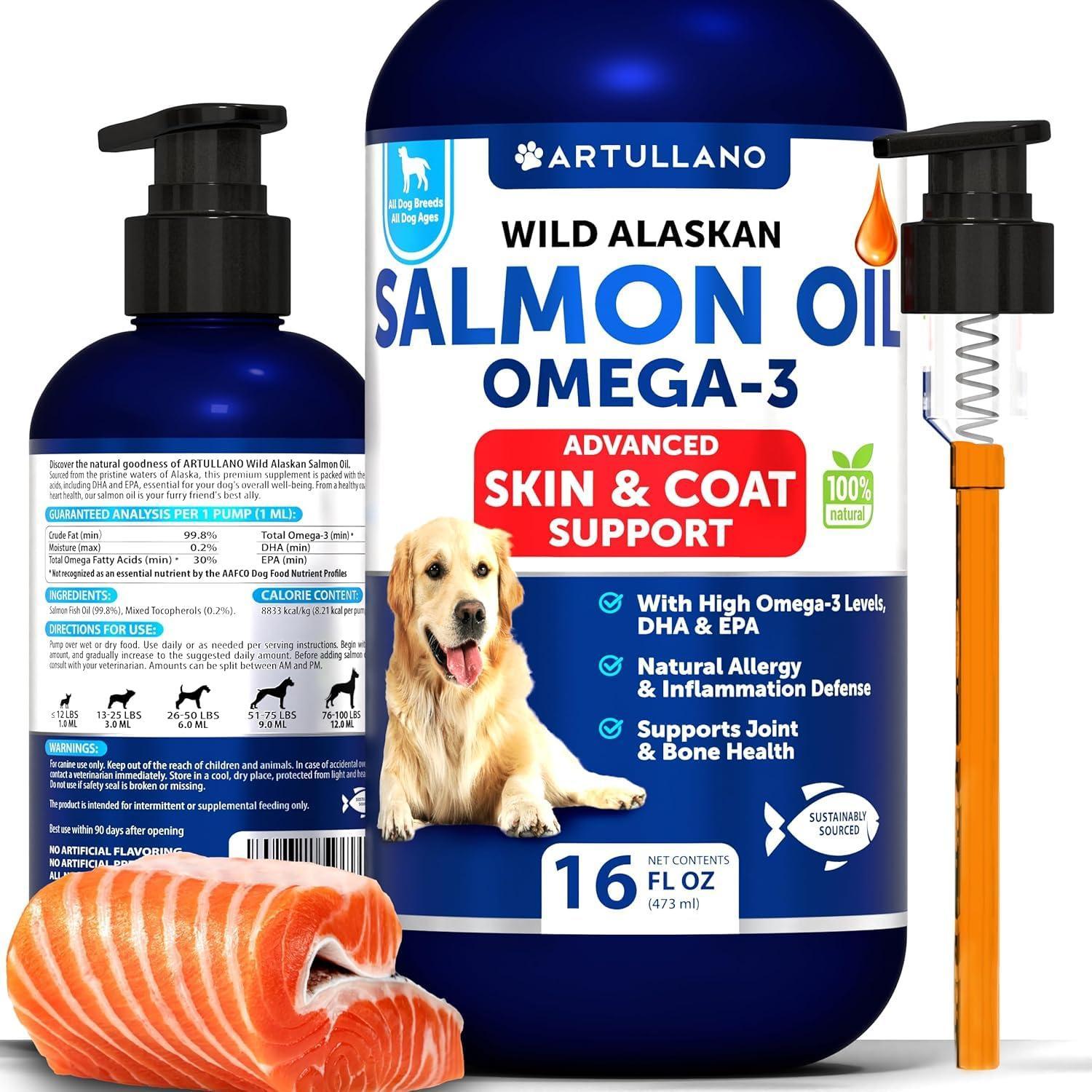 Artullano Wild Alaskan Salmon Fish Oil with Omega 3 for Dogs 16 Oz Liquid For Pet With Love