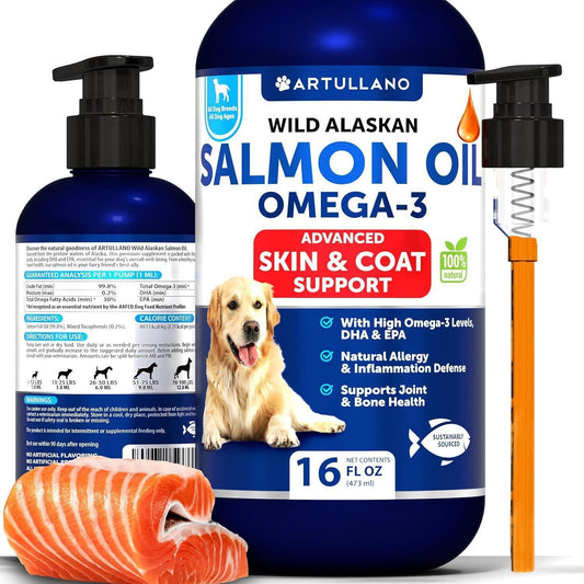 Artullano Wild Alaskan Salmon Fish Oil with Omega 3 for Dogs 16 Oz Liquid For Pet With Love