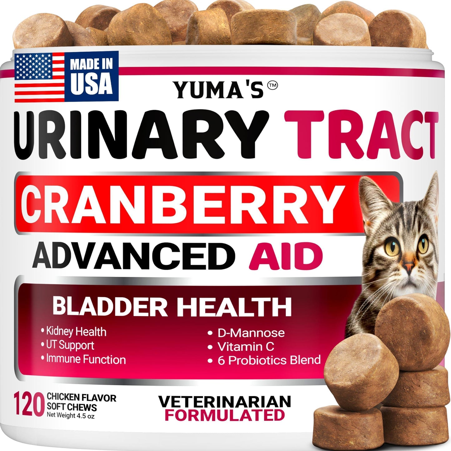 YUMA'S Cat Urinary Tract Infection Multivitamin Treatment and Supplement. 120 Chews For Pet With Love
