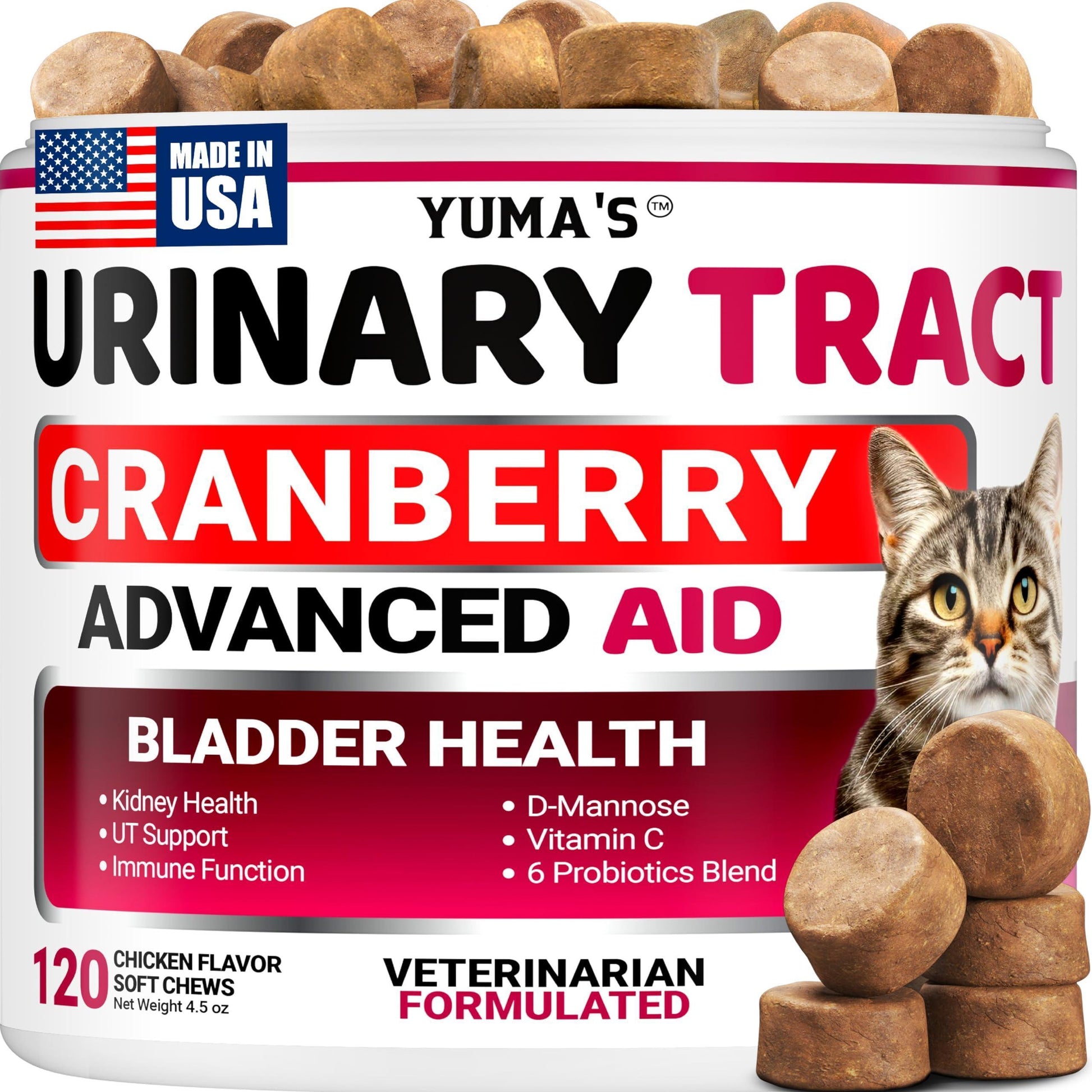 YUMA'S Cat Urinary Tract Infection Multivitamin Treatment and Supplement. 120 Chews For Pet With Love