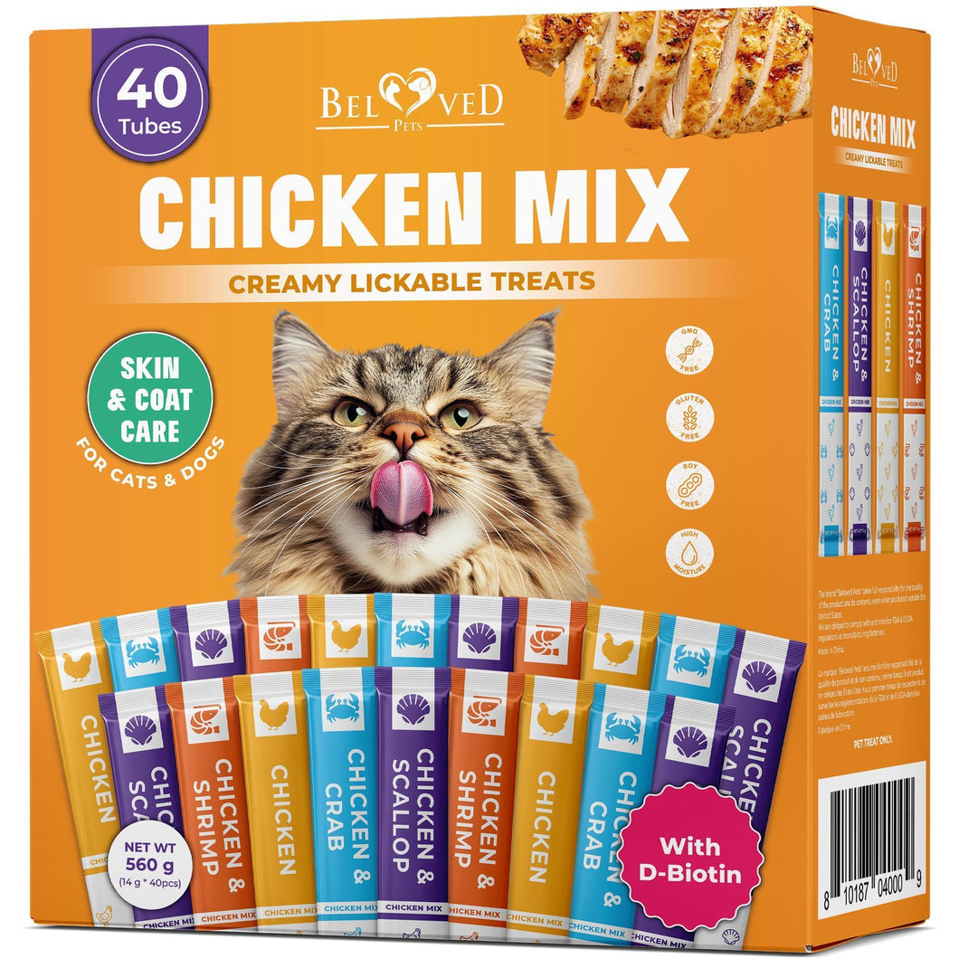 Beloved Pets Creamy Lickable Cat Treats & Wet Squeeze Tubes. Skin & Coat Care Multivitamin Treats for Cats – Chicken Mix Liquid Cat Snacks – 40 Sticks
