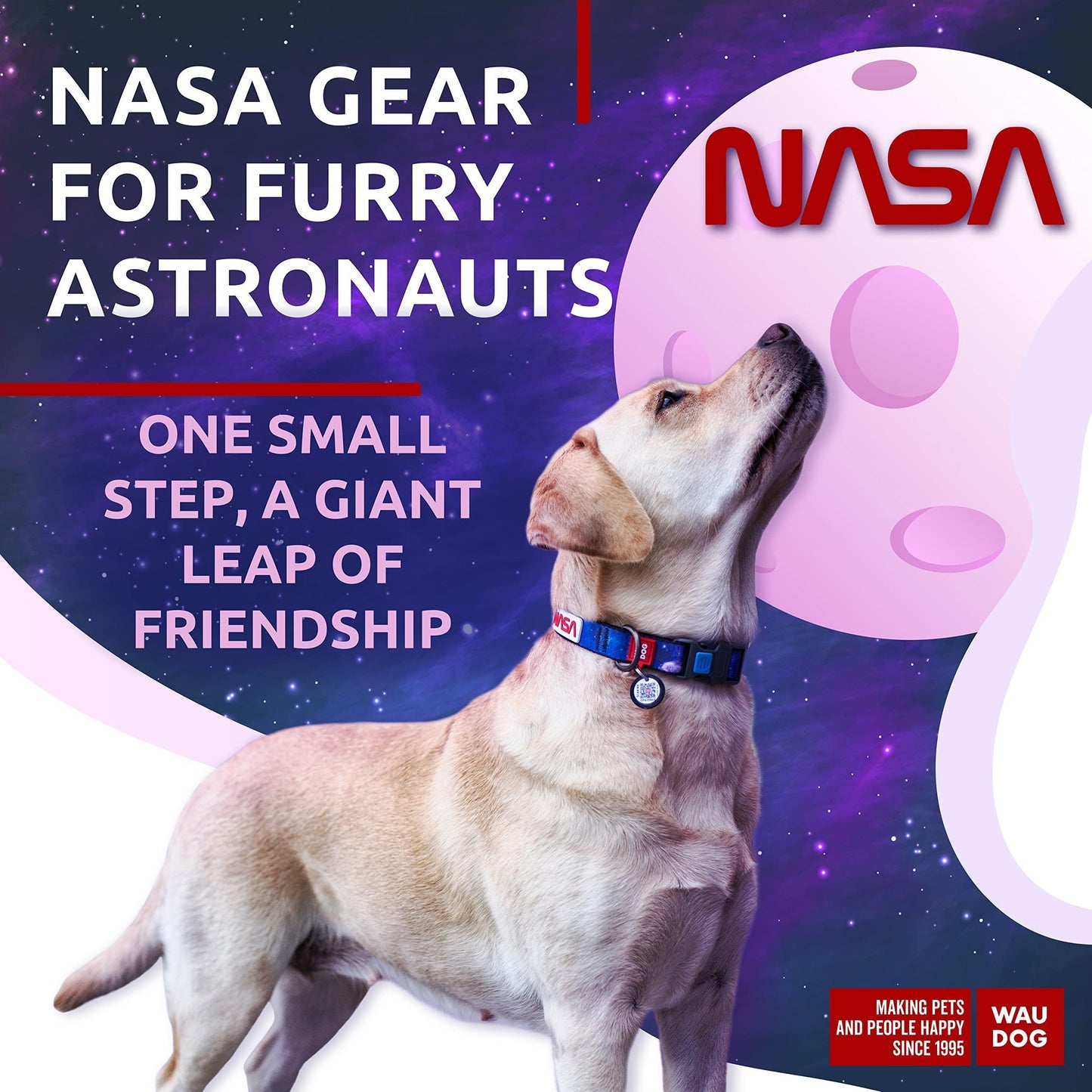 WAUDOG Adjustable Nylon Dog Collar with Durable Plastic Buckle and QR Dog Tag. LARGE (NASA-2 Print) For Pet With Love