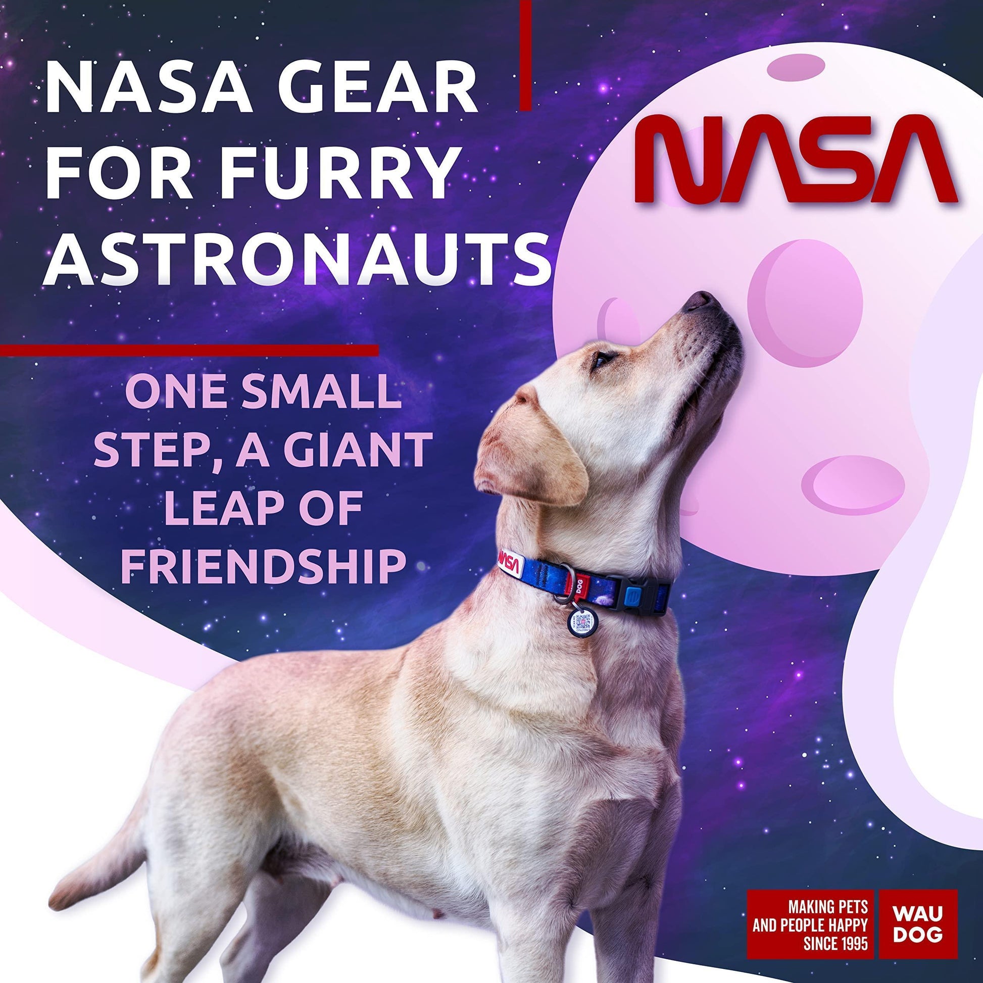 WAUDOG Adjustable Nylon Dog Collar with Durable Plastic Buckle and QR Dog Tag. LARGE (NASA-2 Print) For Pet With Love