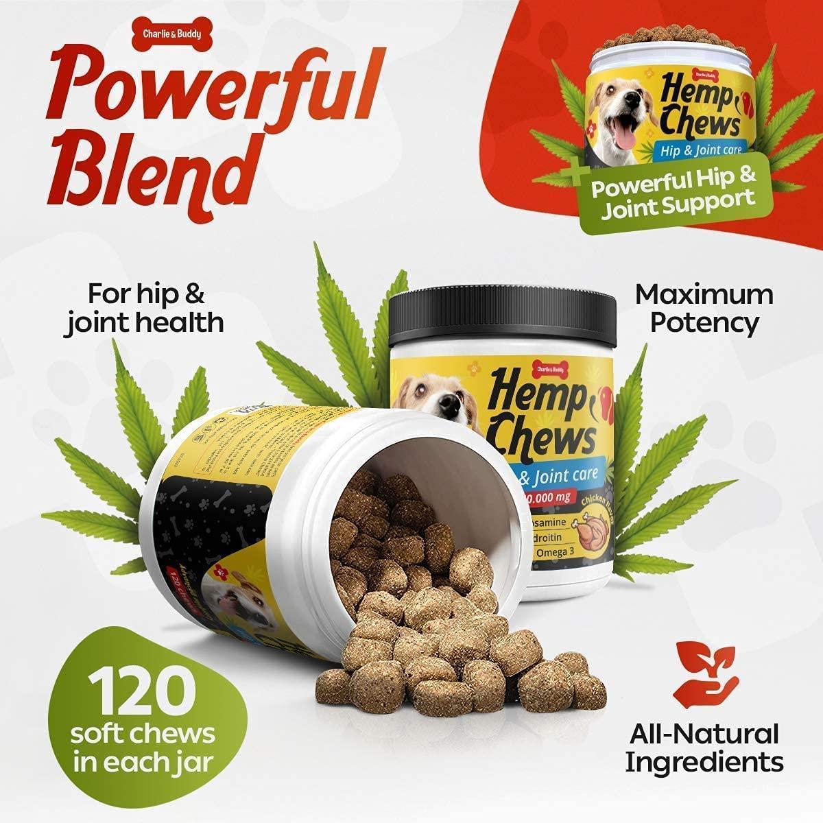 Charlie and Buddy Hemp Dog Hip and Joint Supplement w/Glucosamine Chondroitin 120 Ct For Pet With Love