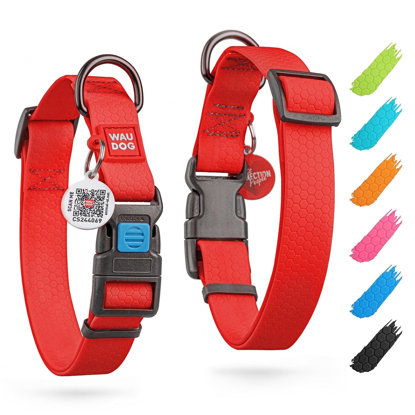 WAUDOG Adjustable Waterproof Heavy Duty Dog Collar with Durable Plastic Buckle and QR Dog Tag. MEDIUM (Red) For Pet With Love