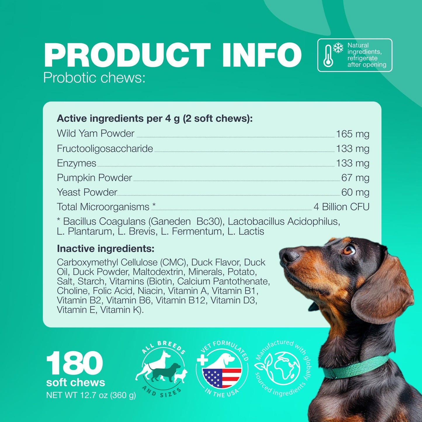 CHEWIA Dog Probiotic Chews with Digestive Enzymes, Pumpkin and Yeast Powder for Gut Health, Digestion Immunity, Yeast Balance, Itchy Skin Allergies Support. 180 Chews. For Pet With Love