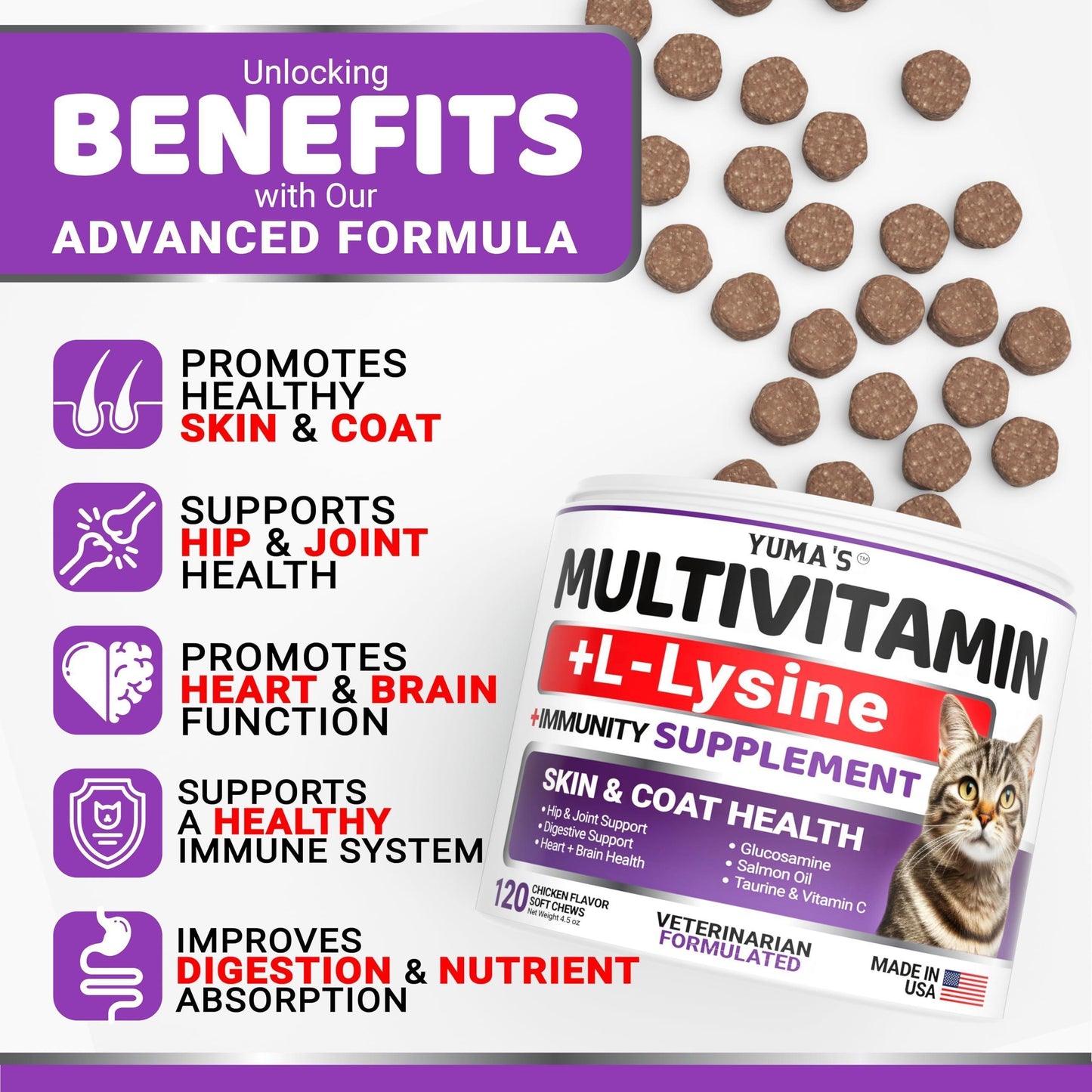 YUMA'S Multivitamin + Immunity Chewable Supplement Treats for Cats. Hip & Joint Support, Immune Health, Skin and Heart Supplement. Digestion Probiotics.