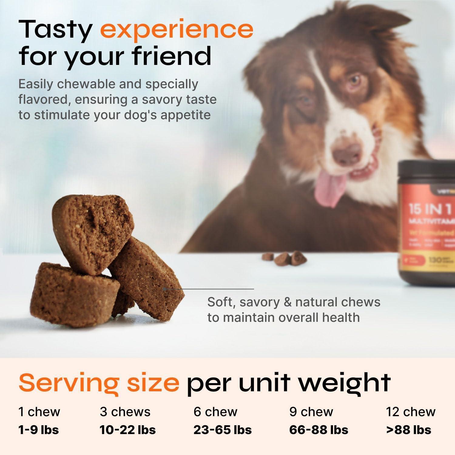 VETRICA 15in1 Dog Multivitamin Chews for Hip & Joint, Immune System, Coat & Mobility 130 Chews For Pet With Love