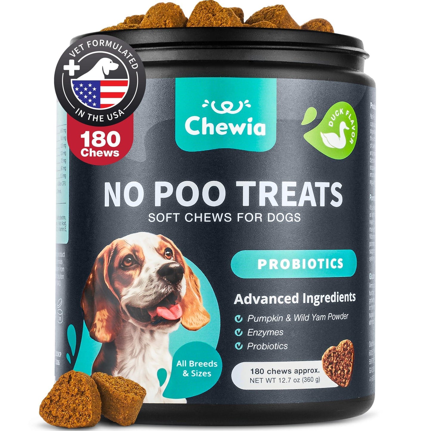 CHEWIA No Poo Probiotics for Digestive Health Supplement and Coprophagia Deterrent Chews for Dogs. Digestive Gut & Immune Health Treats.  180 Chews. Duck Flavor For Pet With Love