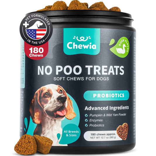 CHEWIA No Poo Probiotics for Digestive Health Supplement and Coprophagia Deterrent Chews for Dogs. Digestive Gut & Immune Health Treats.  180 Chews. Duck Flavor For Pet With Love